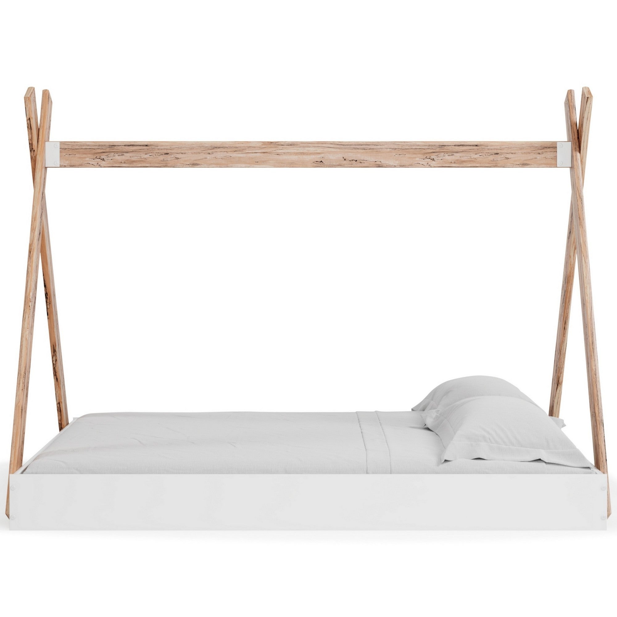 Modern Full Bed, Crossed Wood A Frame Tent Stand, Crisp White Base
