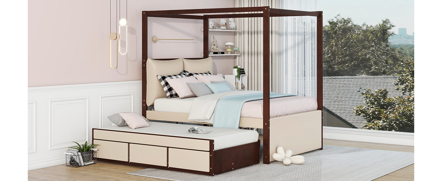 Full Size Upholstered  Canopy Bed with Trundle and 3 Drawers - Beige