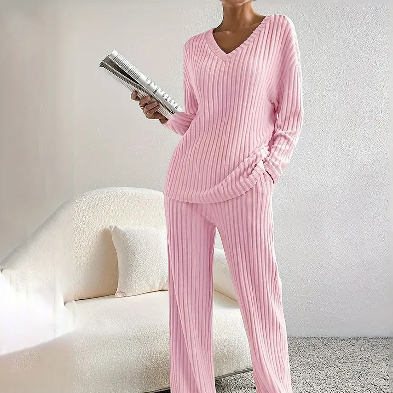 Women's 2-Piece Set Solid Color V-Neck Long Sleeve Top & Straight Leg Pants, Ribbed Texture Outfit For Fall&Winter