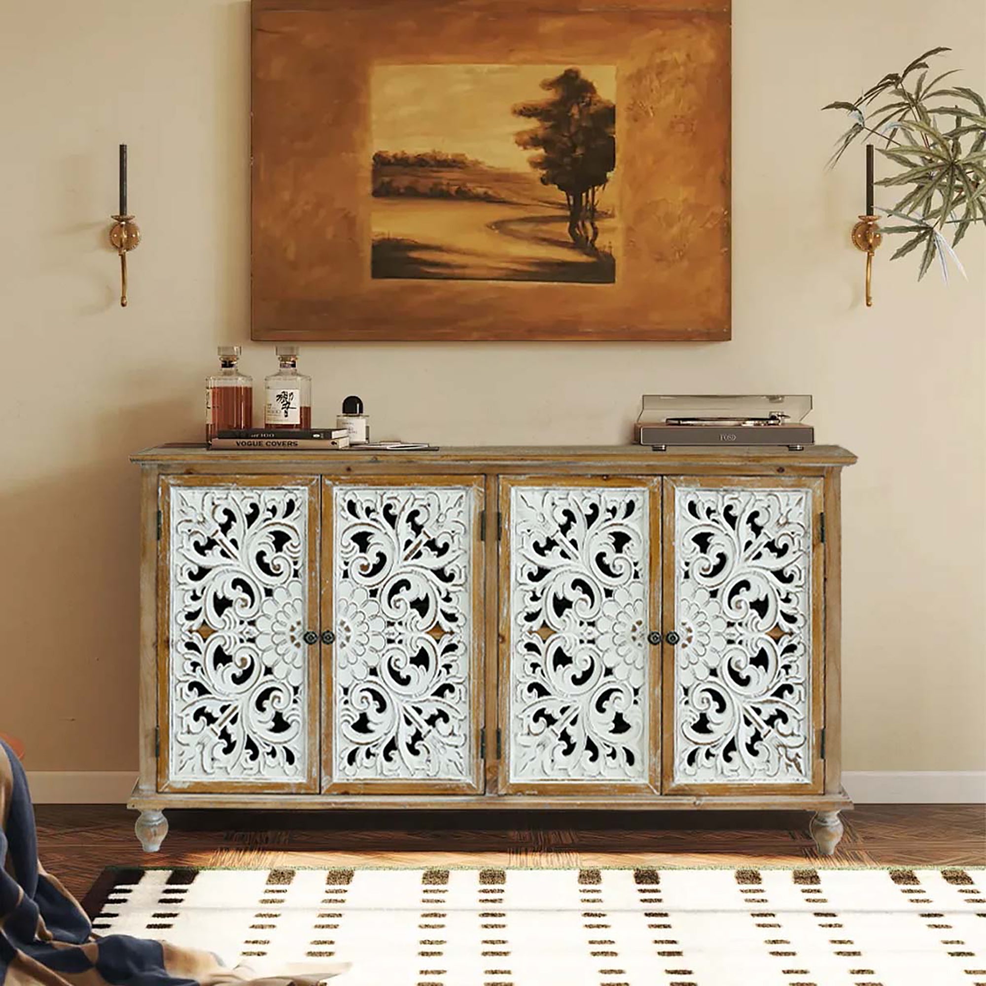 Farmhouse Sideboard Buffet with Storage, Accent Cabinet with 4 Doors, Wood Carved Floral Doors - Natural