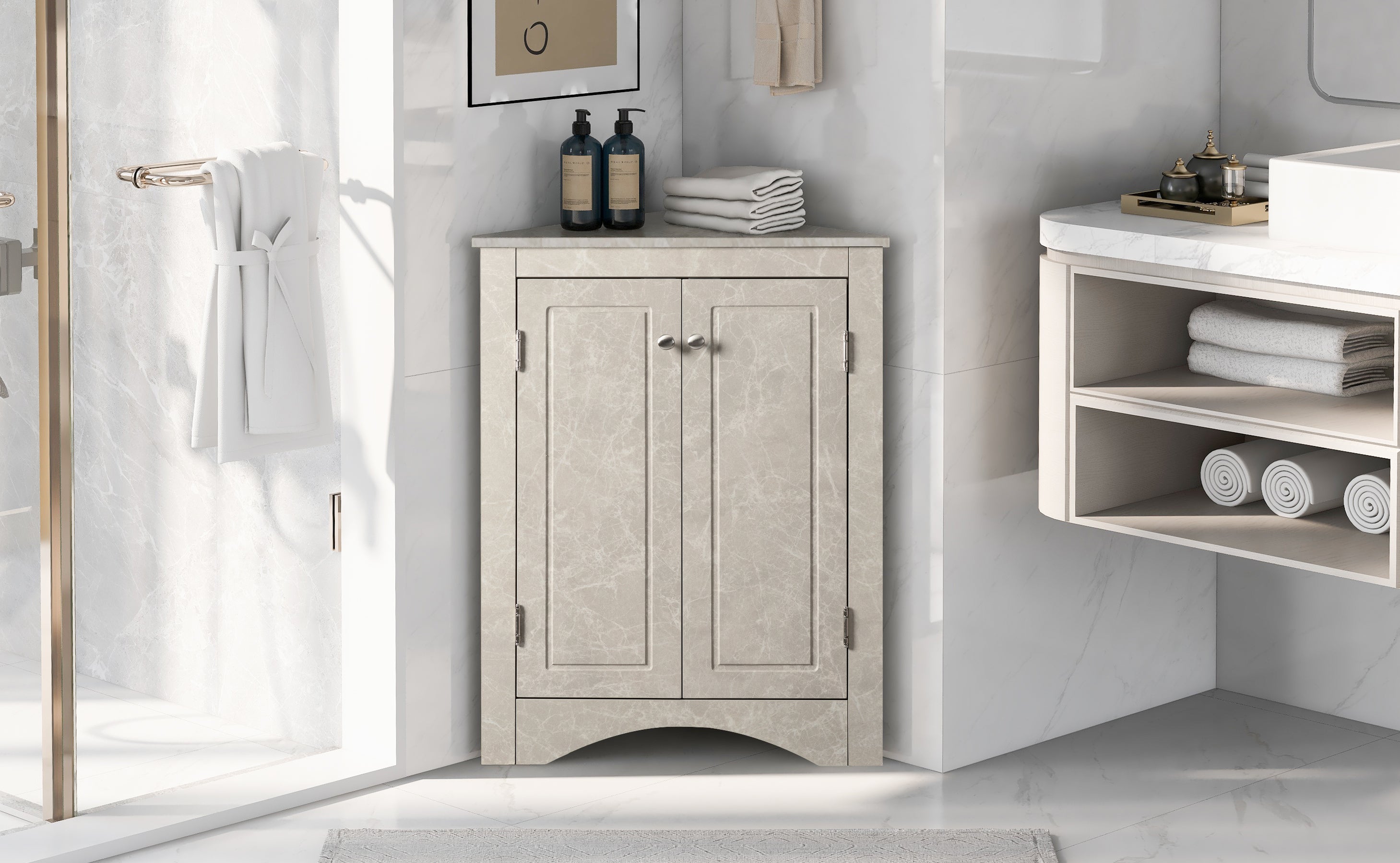 White Marble Triangle Bathroom Storage Cabinet with Adjustable Shelves