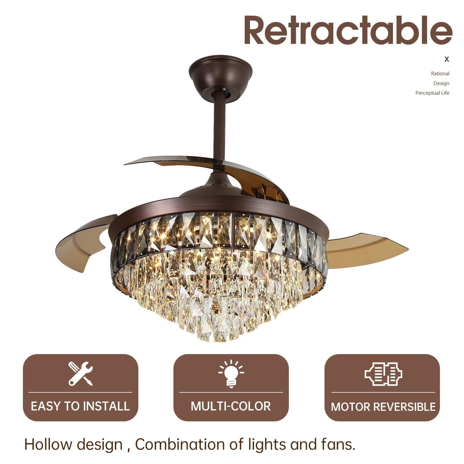 42"Chandelier Ceiling Fan Retractable Ceiling Fans with Lights and Remote Control 6 Speed LED 72w Dimmable Invisible