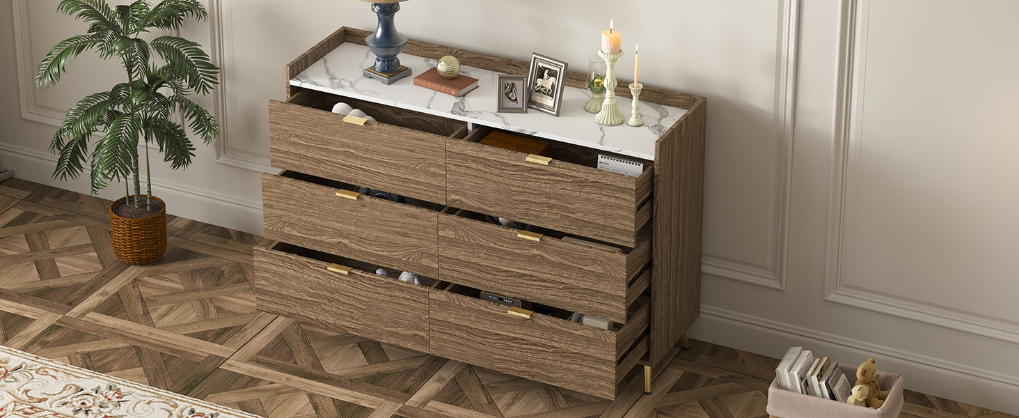 55" Long 6 Drawer Dresser with Marbling Worktop, Mordern Storage Cabinet with Metal Leg and Handle - Walnut