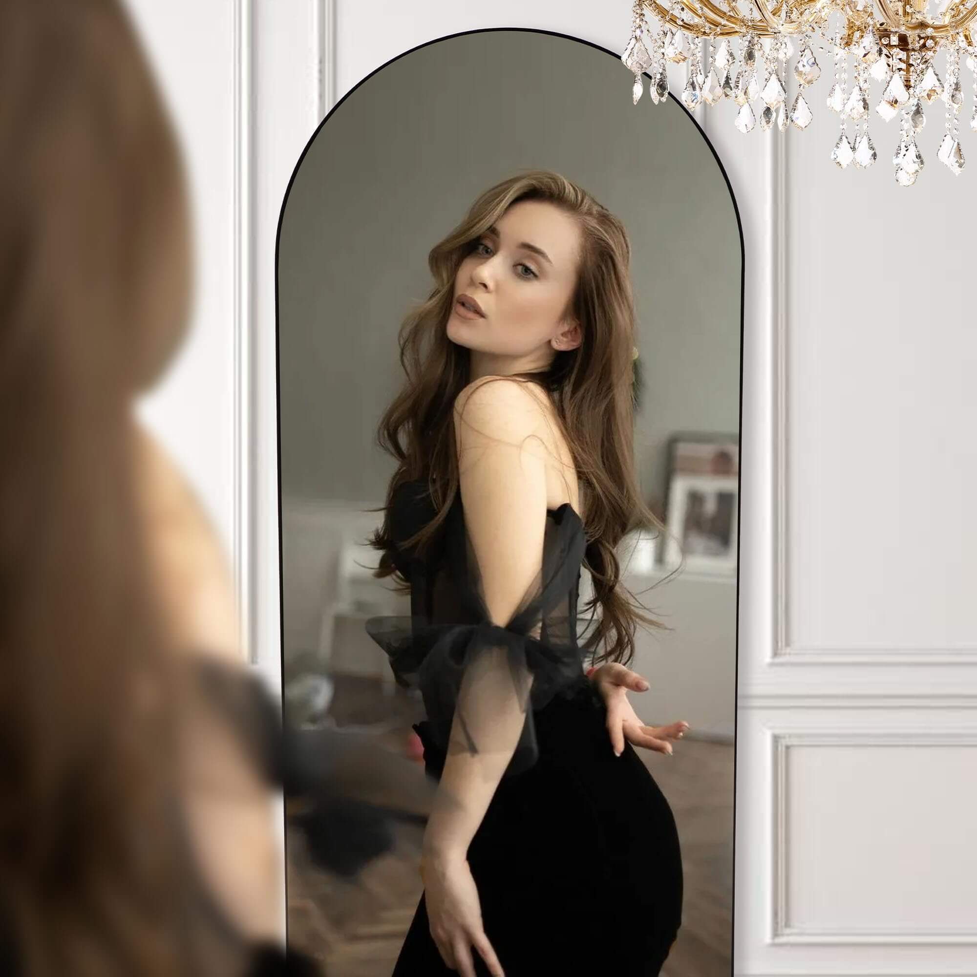 Wall Mirror with Stand Aluminum Alloy Thin Frame - Black