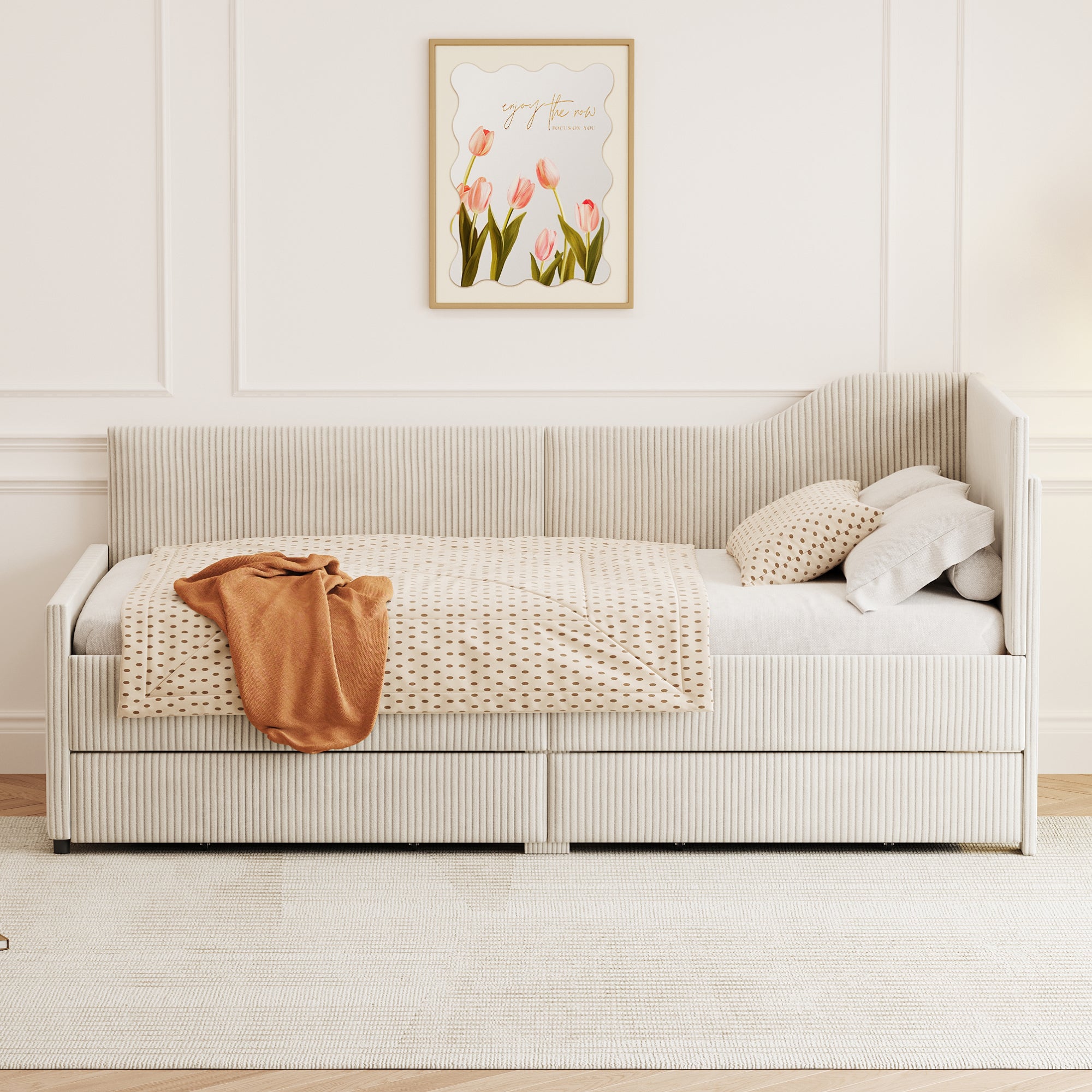 Twin Size L-Shaped Corduroy Daybed,Upholstered Bed Frame with  2 Storage Drawers, Beige