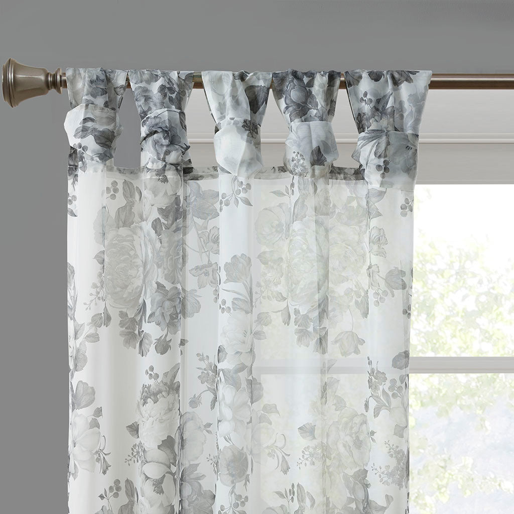 50x95" Printed Floral Twist Tab Top Voile Sheer Curtain - White