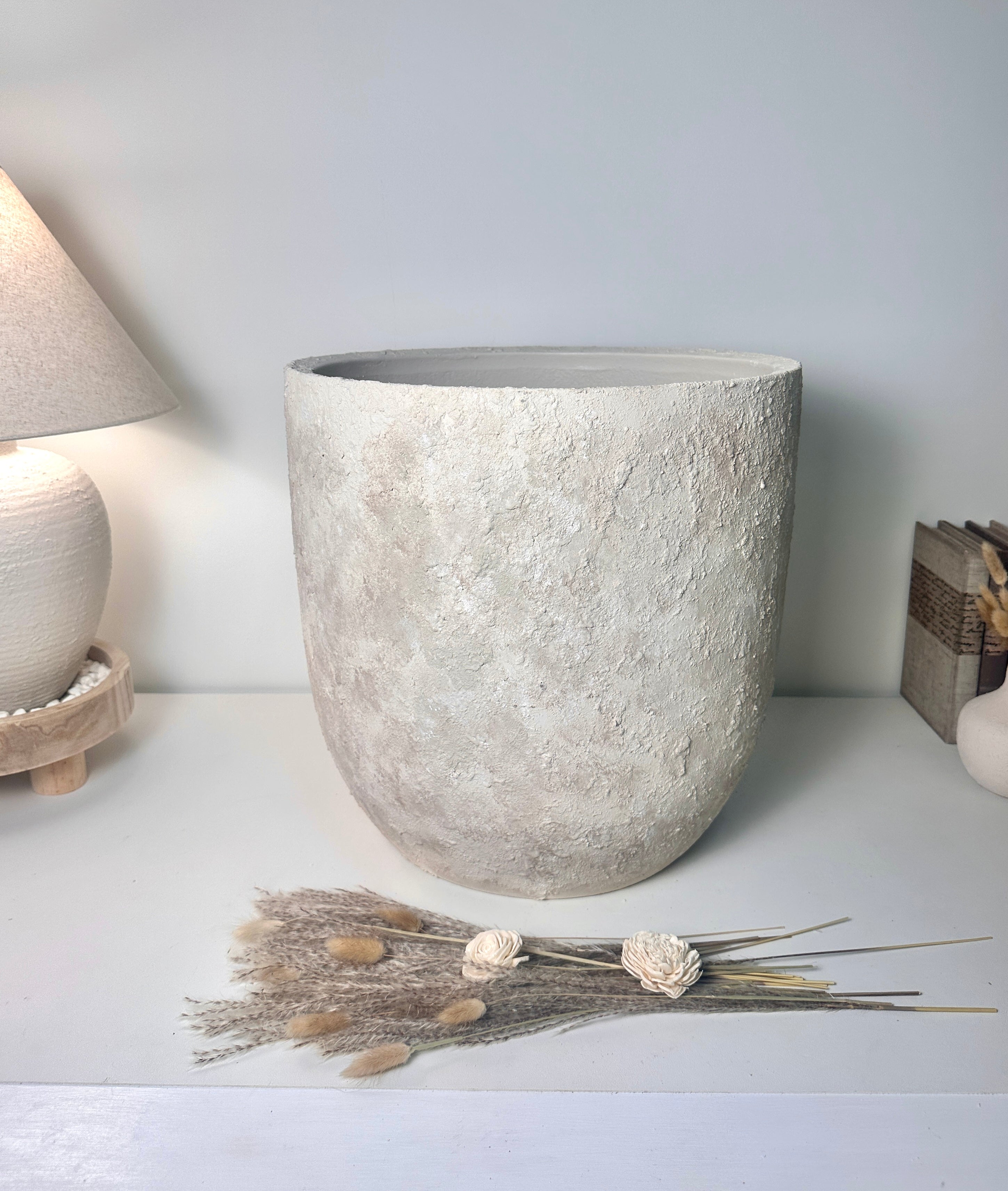 17" tall Minimalist Hand-Painted & Textured Planter Pot with Drainage Hole one time creation - cream sand wash