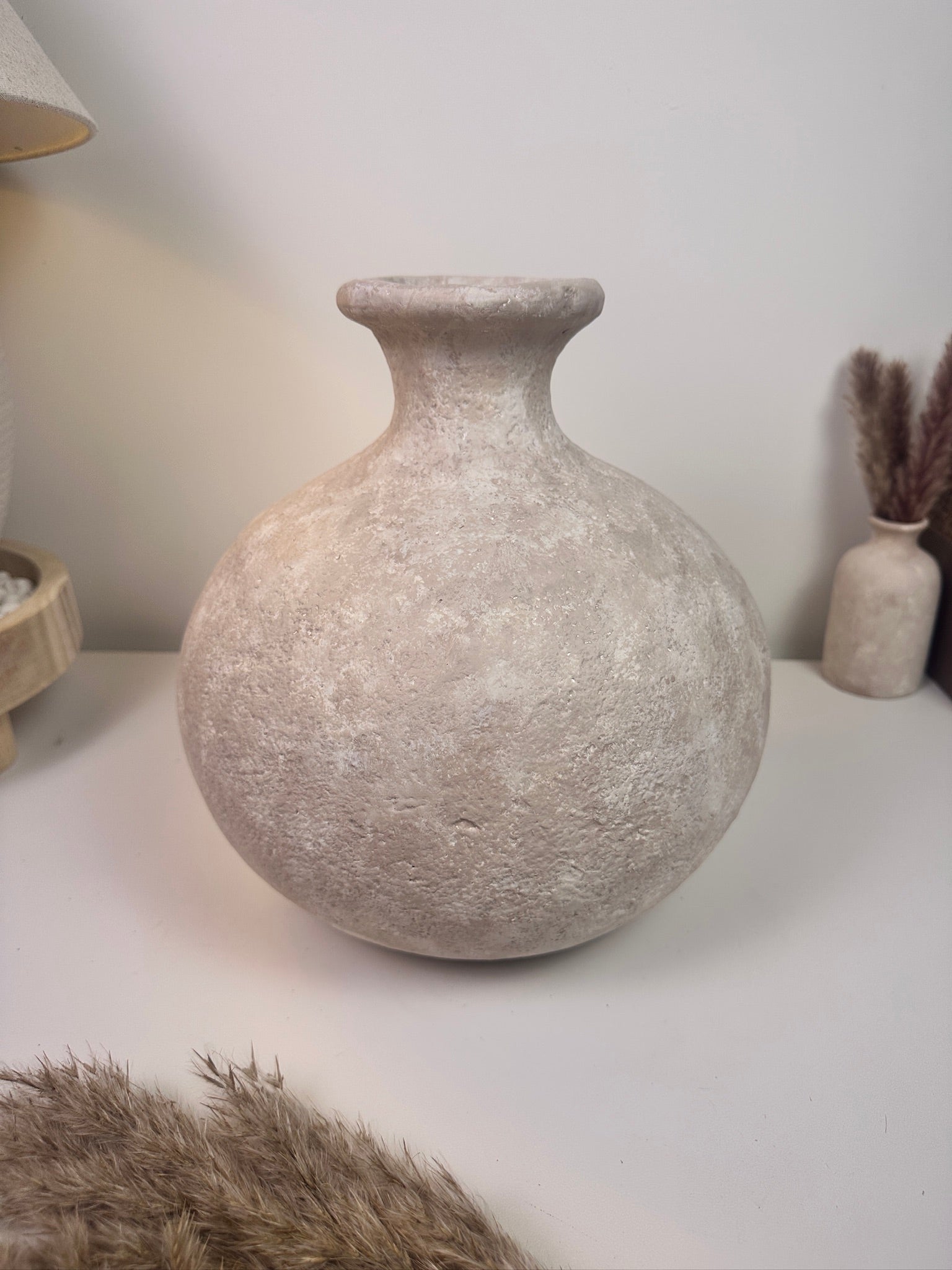 Minimalist Hand-Painted Ceramic Round Bottle Vase 11" tall -  Beige Washed