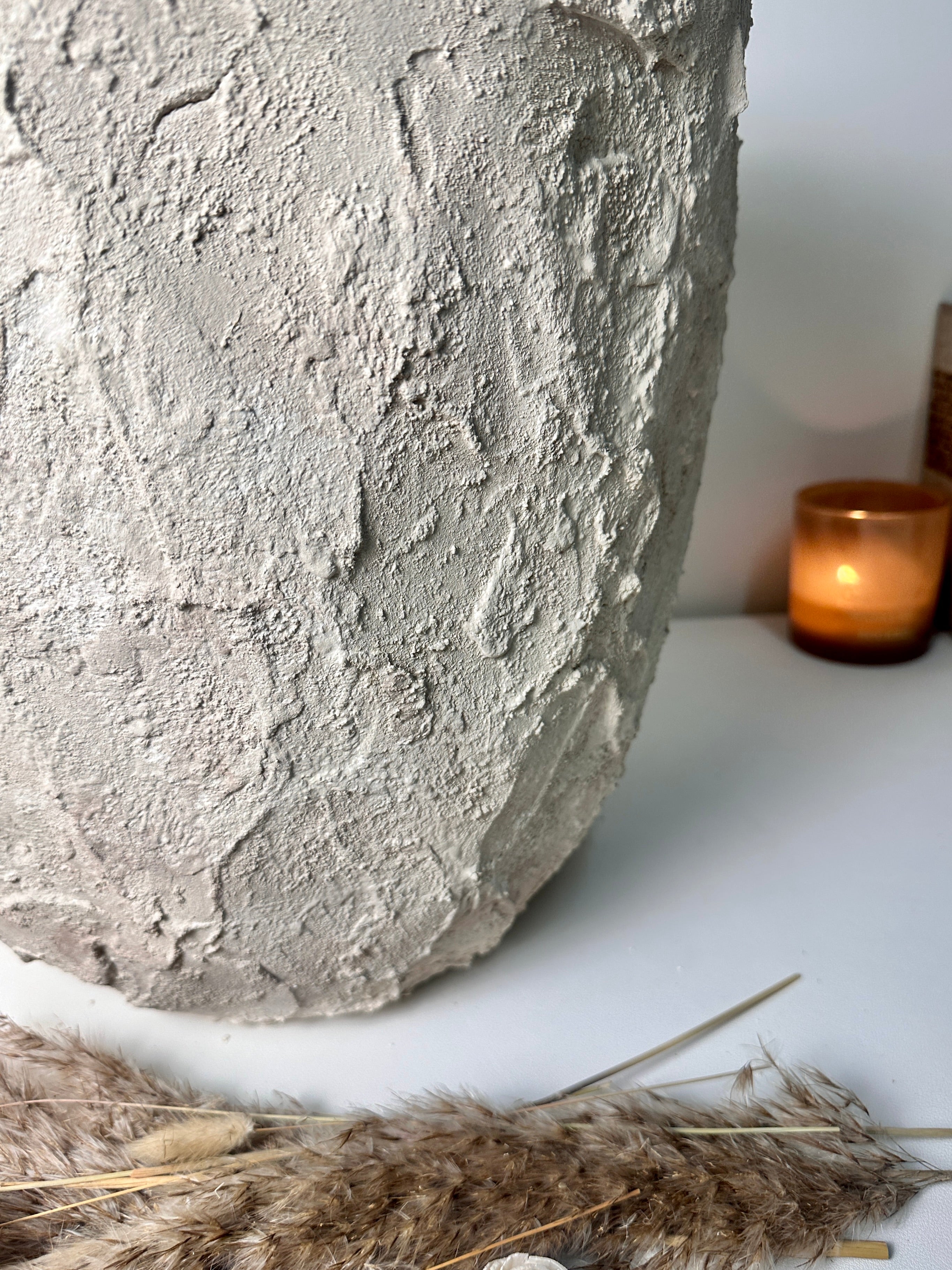 Minimalist Hand-Painted & Textured Planter Pot 14" tall with drainage hole one time creation - Cream