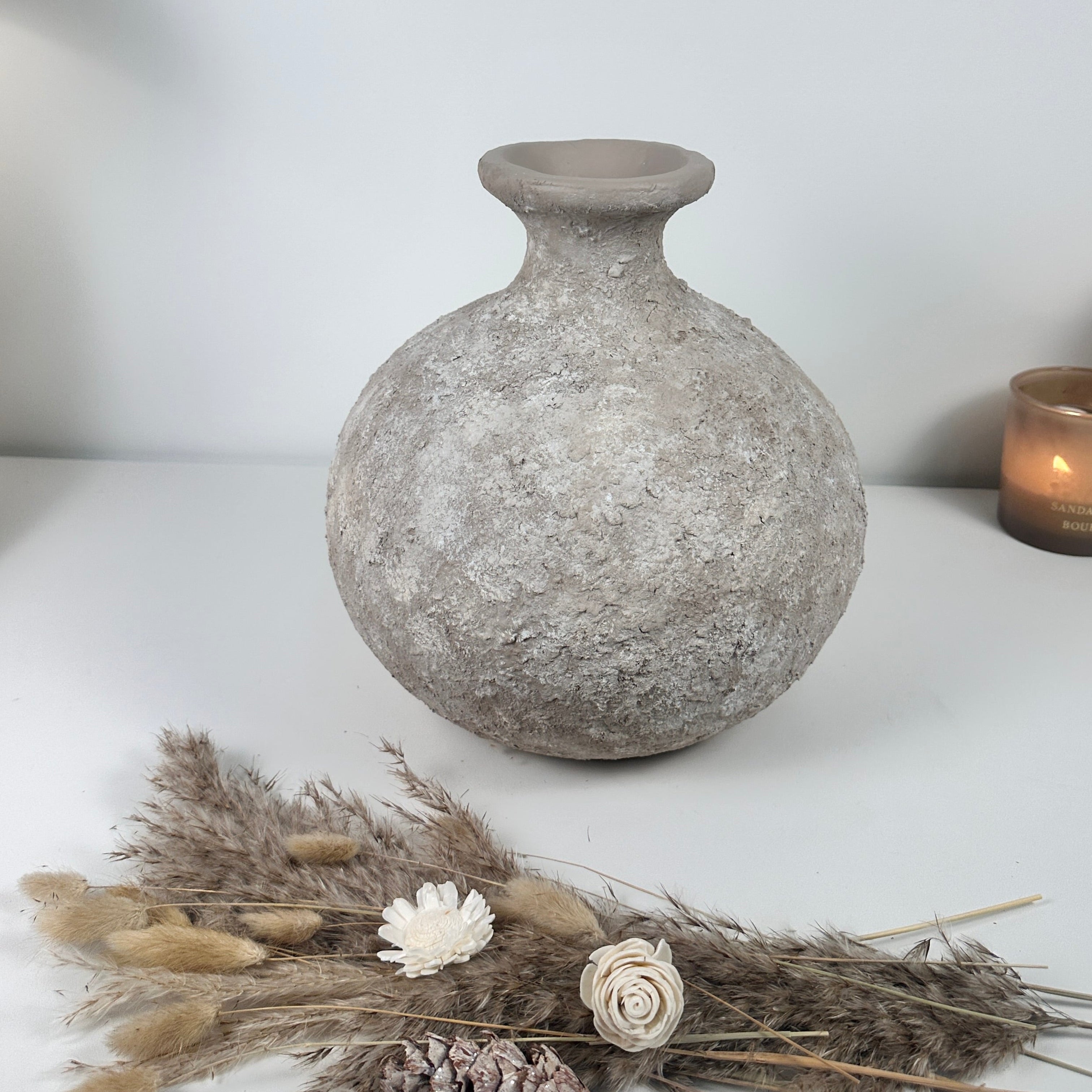 Rustic Hand-Painted Ceramic Round Bottle Vase 11" tall - Beige Wash