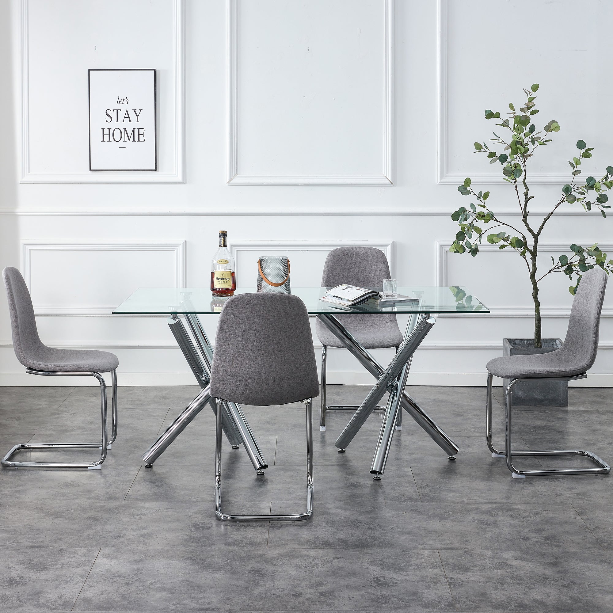 Modern Minimalist Rectangular Glass Dining Table for 6-8 with 0.39" Tempered Glass Tabletop and Silver Chrome Metal Legs