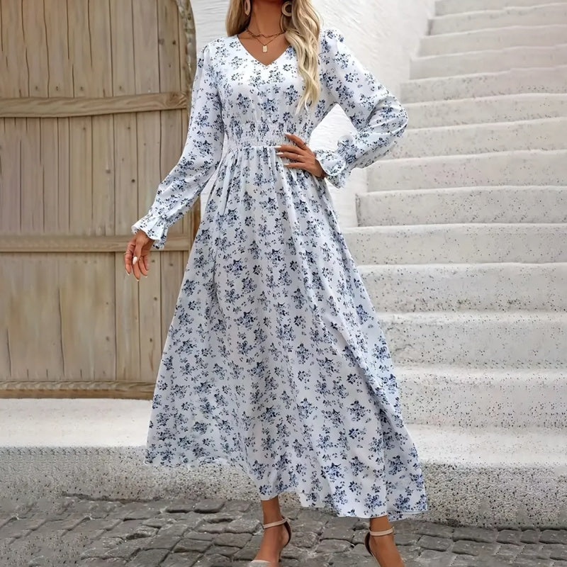 Women's Floral Damask Print Maxi Dress, V-Neck, Long Sleeve, A-Line