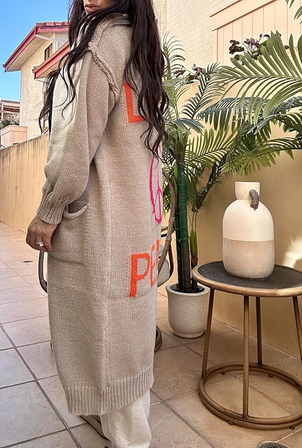 Cozy Women's Love Peace Graphic Oversized Cardigan Sweater Long Sleeve
