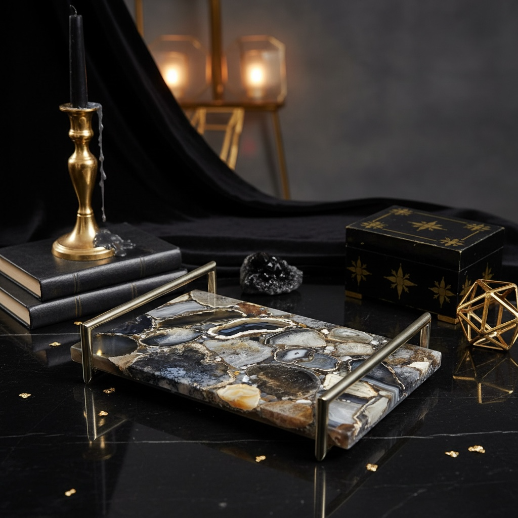Gemstone mosaic style tray with Gold handle