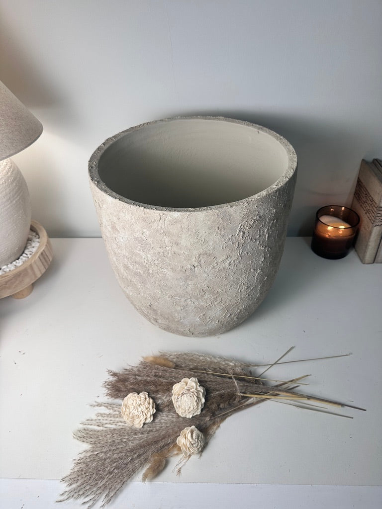 13.5" tall Minimalist Hand-Painted & Textured Planter Pot with drainage hole - French Beige