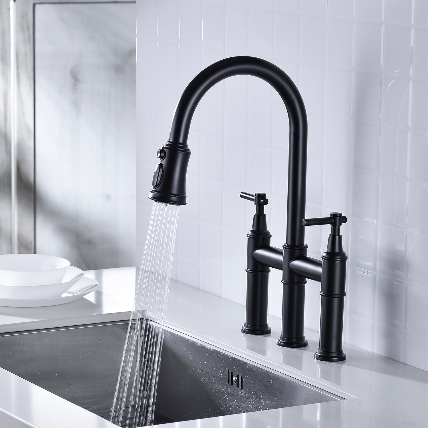 Bridge Kitchen Faucet with Pull-Down Sprayhead in Spot - Matte Black