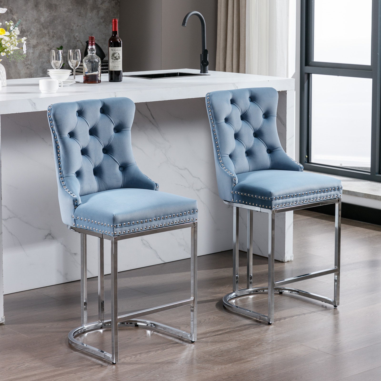 Modern Velvet Barstools  26" Counter Height Bar Stools (Set of 2) - Light Blue