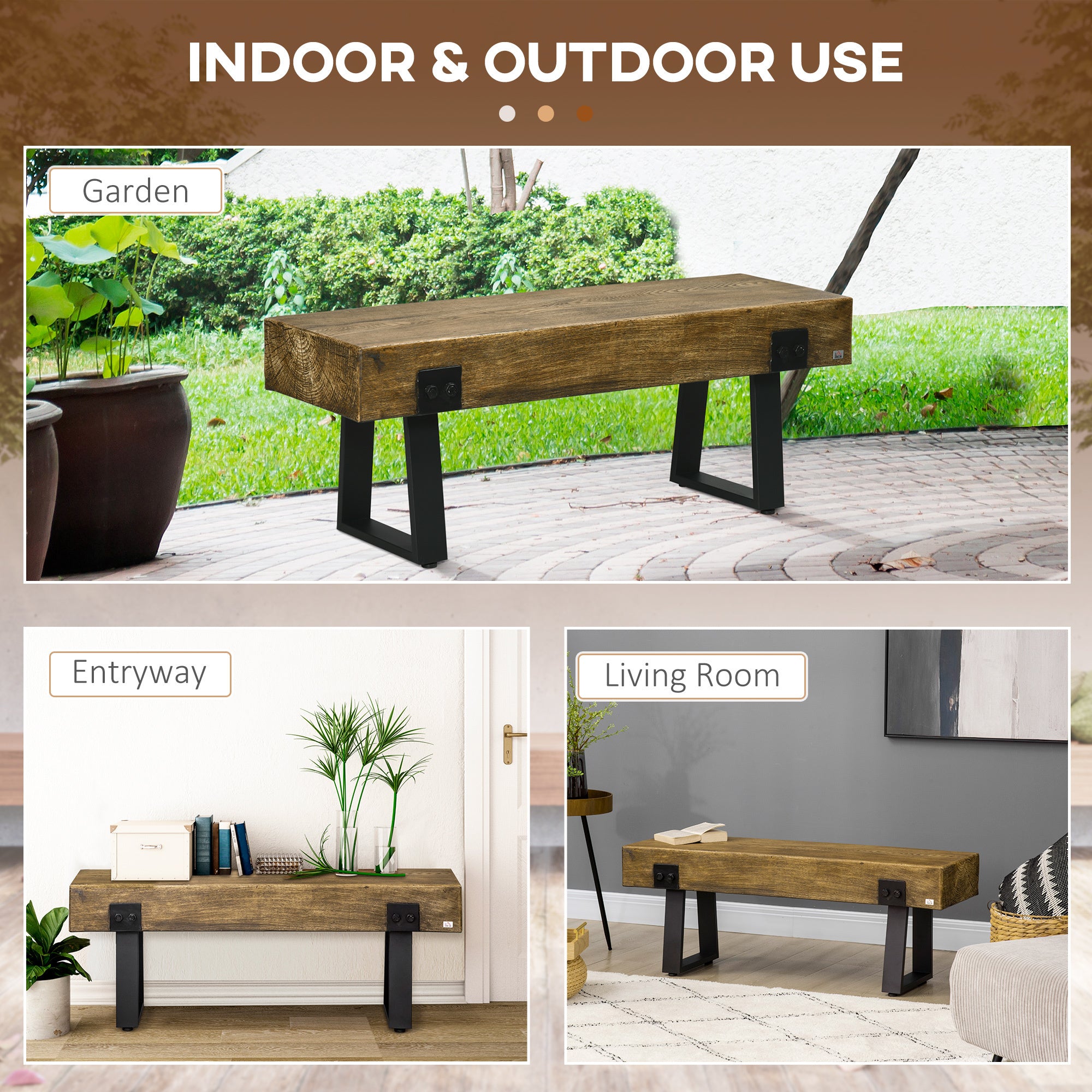 Garden Bench with Metal Legs, Rustic Wood Effect Concrete - Natural and Black