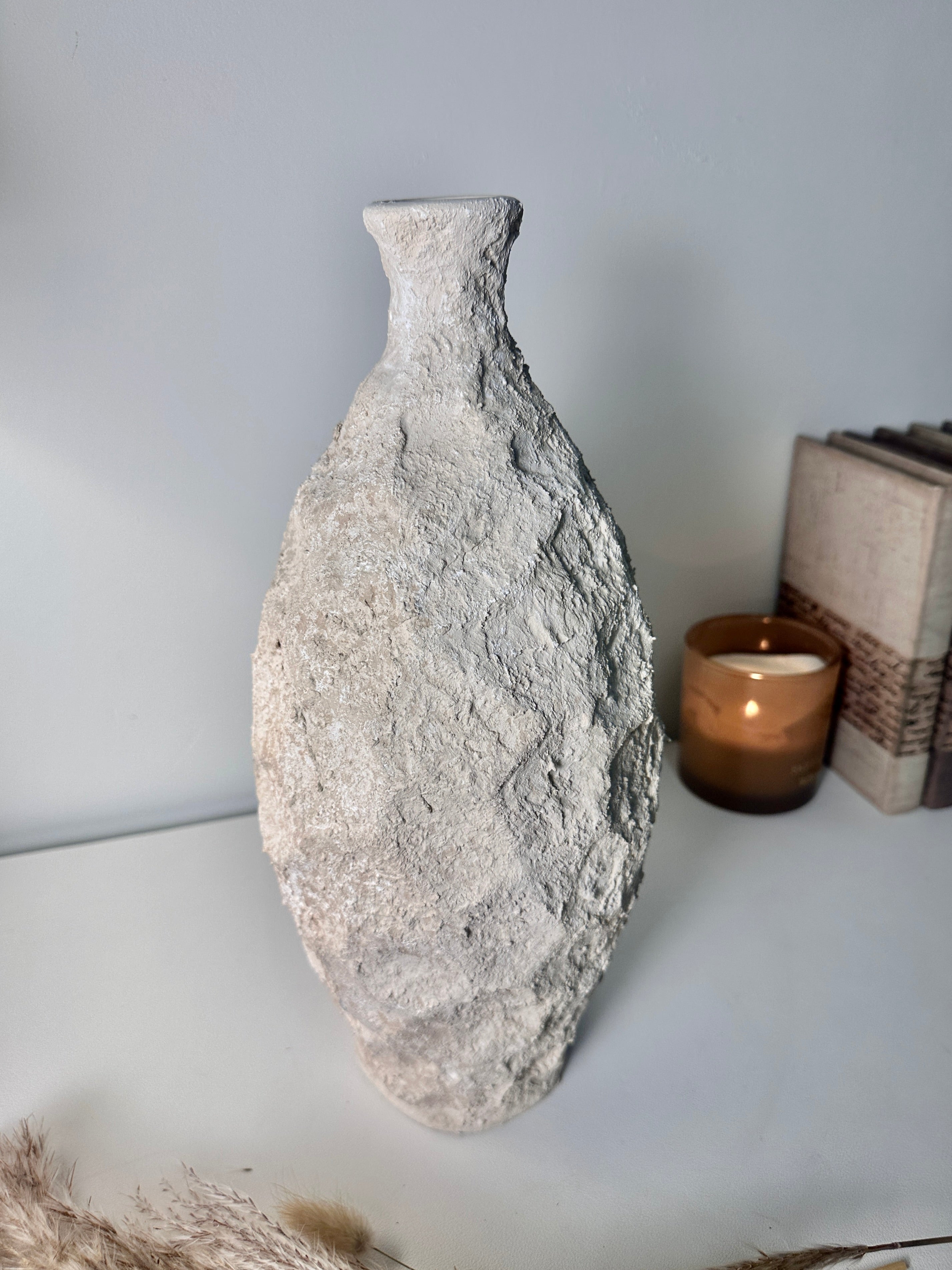 Minimalist Geometric Hand-Painted/Textured Ceramic Vase 14.5" - Cream washed
