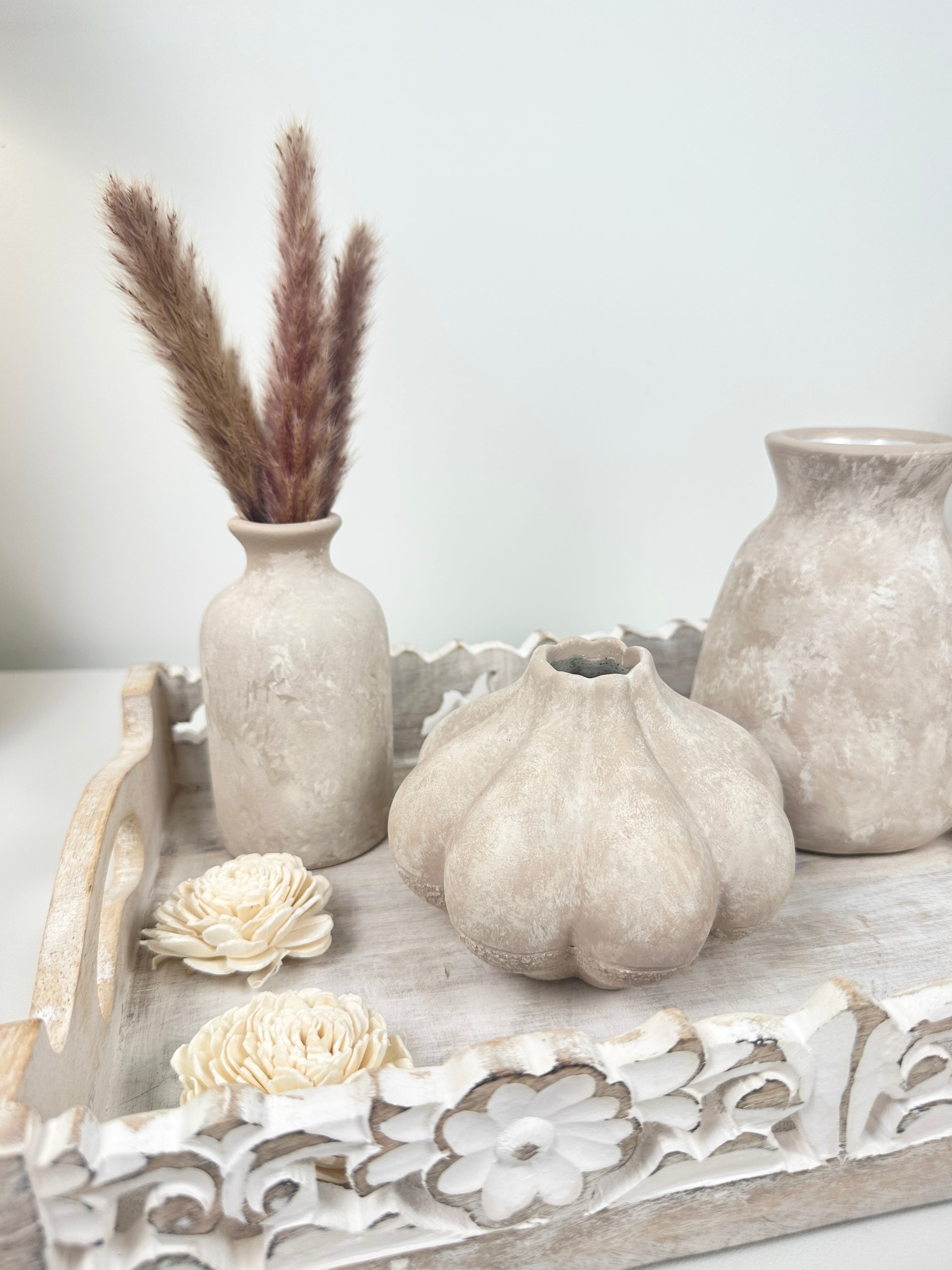 Set of 4 (3 small vases + 1 tray) - Beige and whitewashed