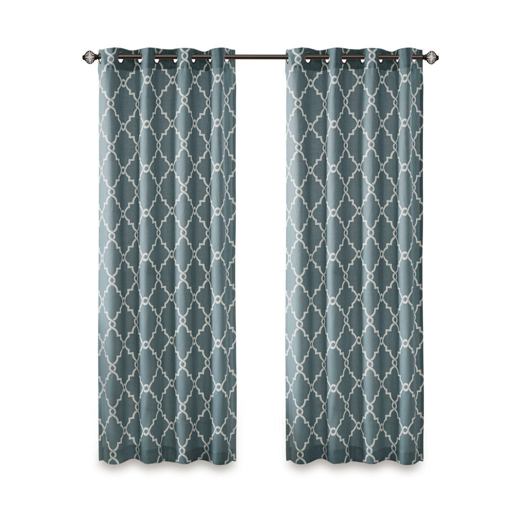 50x108"  Fretwork Print Grommet Top Window Curtain Panel - White+Blue (1 panel only)