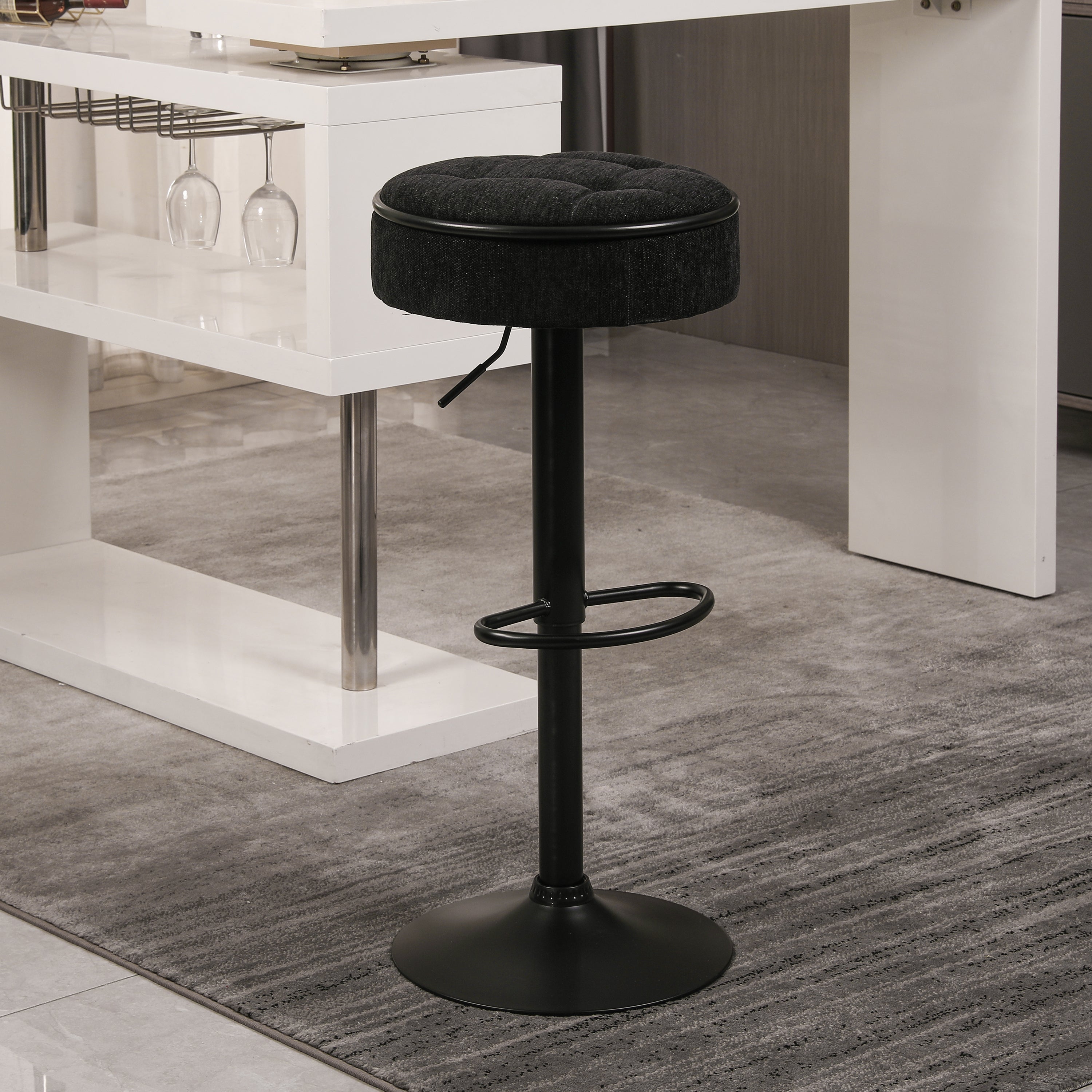 Set of 2 Round Storage Bar Stool Black Linen Height Adjustable Barstool, 360°Counter Height Swivel