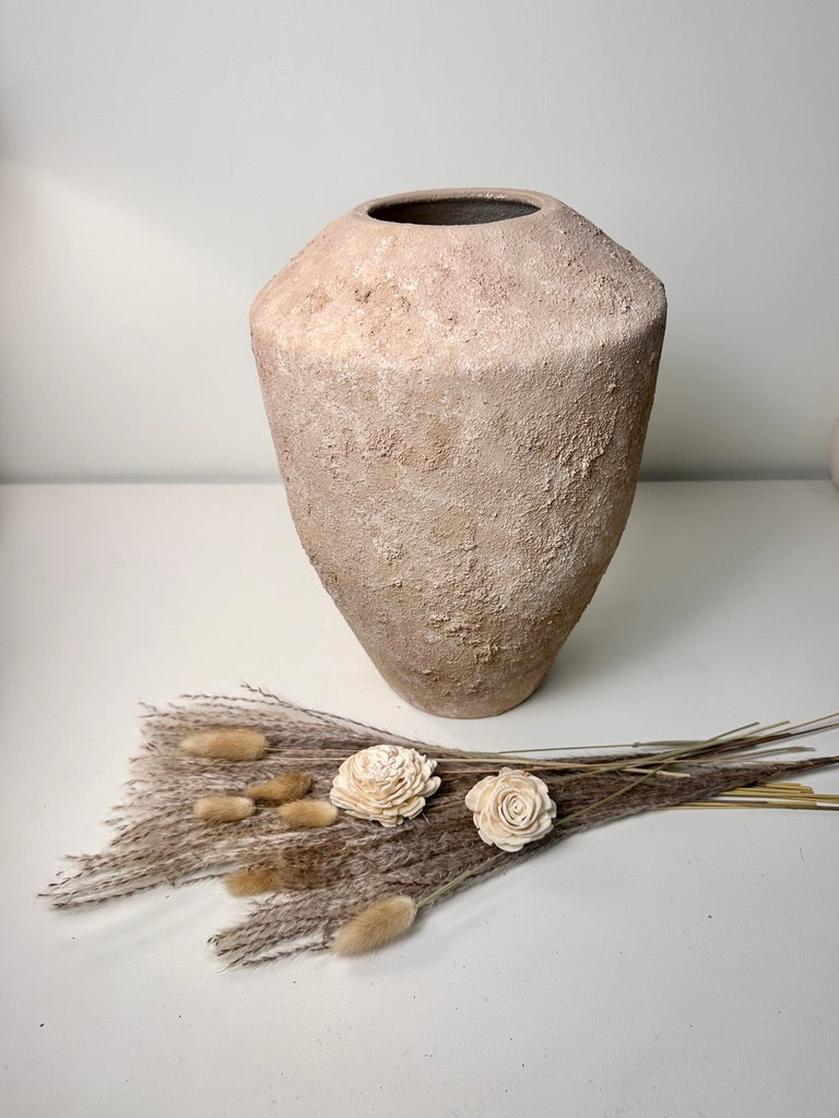 Rustic Minimalist Textured Hand-Painted Ceramic Vase 12" - Light Beige Wash