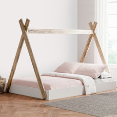 Modern Full Bed, Crossed Wood A Frame Tent Stand, Crisp White Base