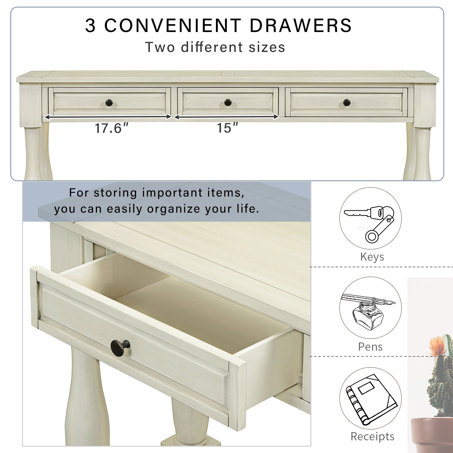 63" Long Console Table with Drawers and Shelf for Entryway, Hallway, Living Room - Antique White