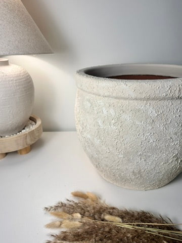 Minimalist Hand-Painted & Textured Planter Pot 12" tall with drainage hole one time creation - Cream wash
