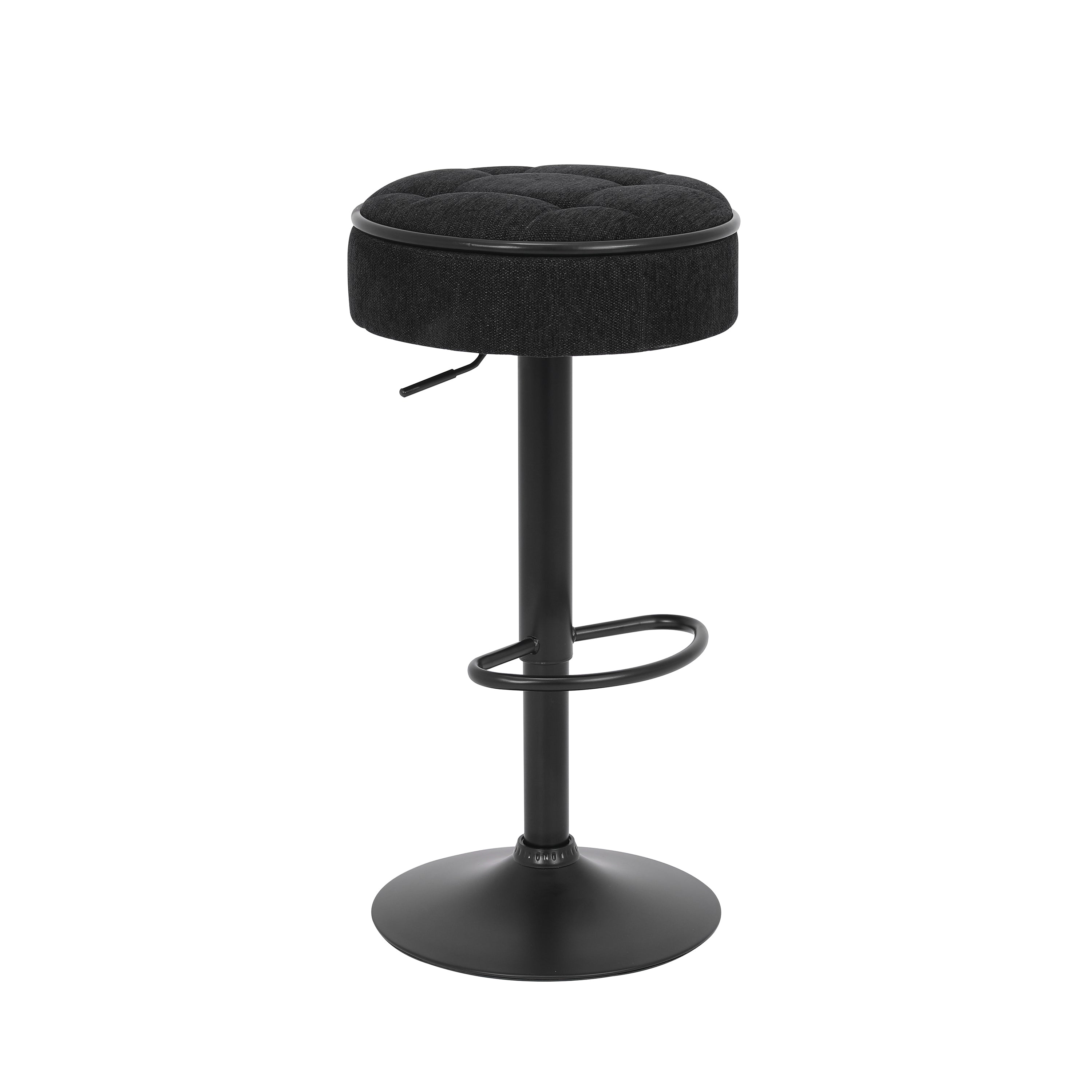 Set of 2 Round Storage Bar Stool Black Linen Height Adjustable Barstool, 360°Counter Height Swivel