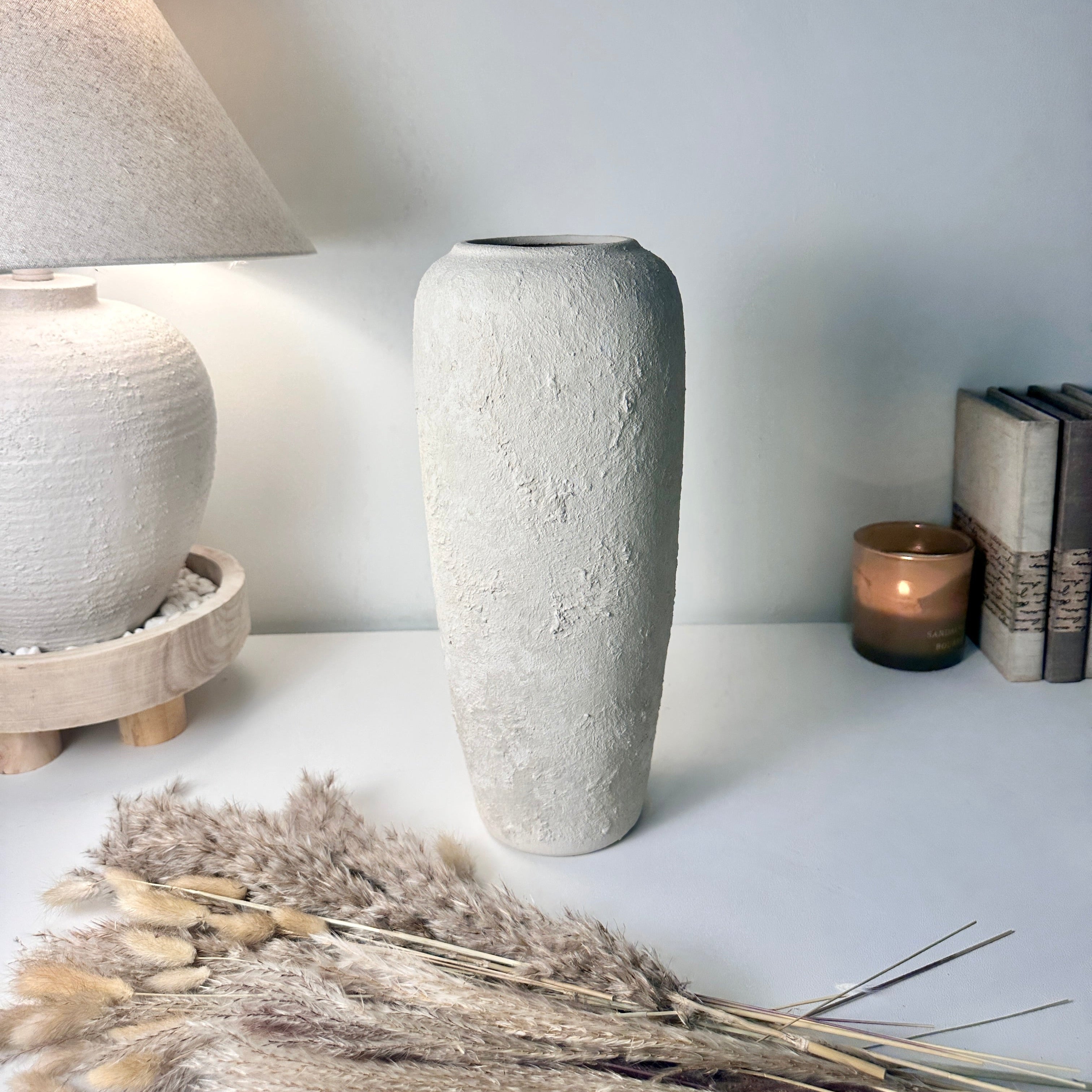 Minimalist Textured Hand-painted Ceramic Vase 14.5" tall - Off White washed