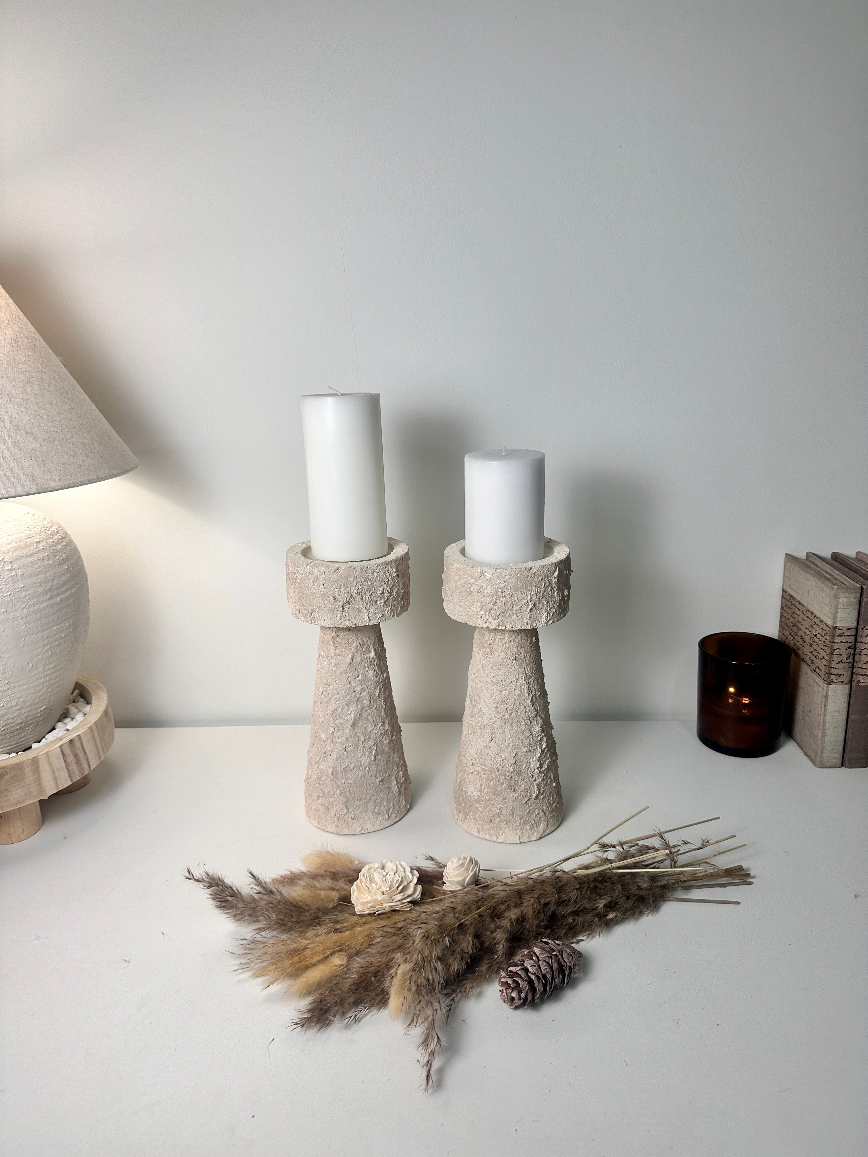 Set of 2 candle holder tray and stick minimalist style 11" tall - Cream wash