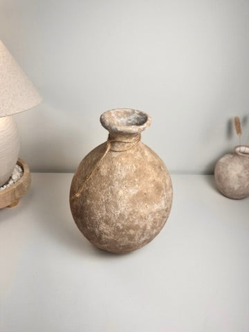 Rustic Hand-Painted Ceramic Round Bottle Vase 15" tall -  Brown Washed
