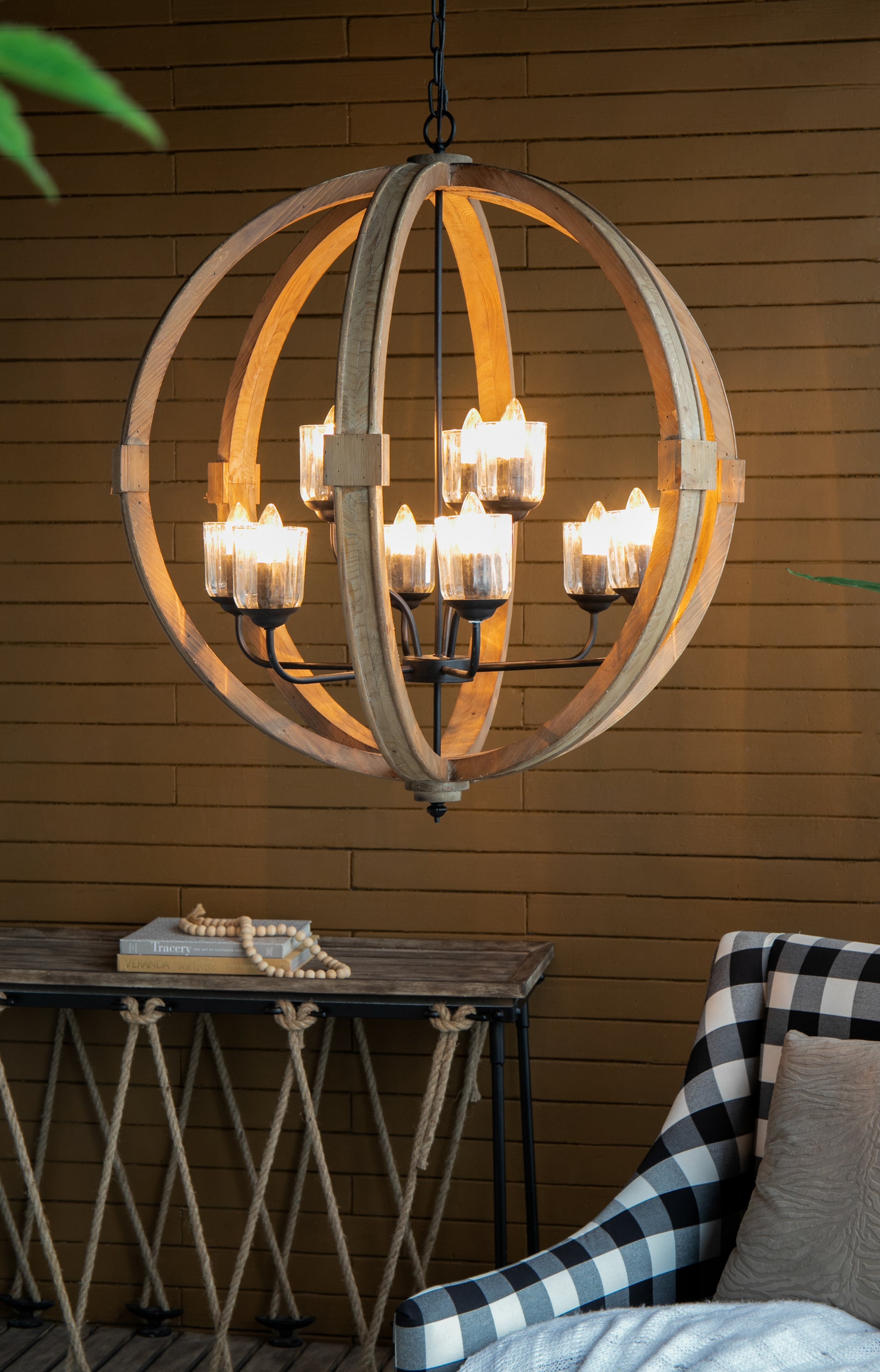 9- Light Globe Chandelier, Wood Chandelier Hanging Light Fixture with Adjustable Chain