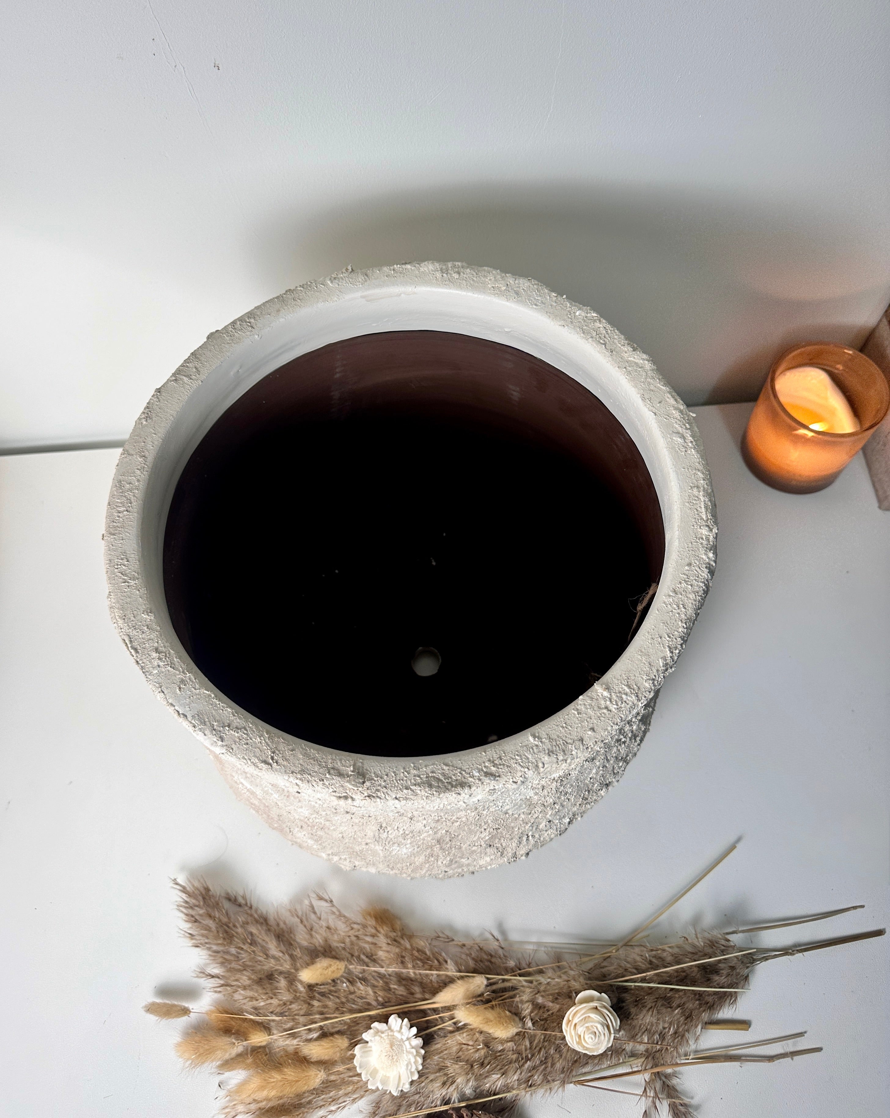 Minimalist Hand-Painted & Textured Planter Pot 12" tall with drainage hole one time creation - Cream Linen wash