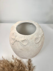 Minimalist Style Ceramic Vase with Bow 7", Painted and Textured by Hand - Cream Sand Washed