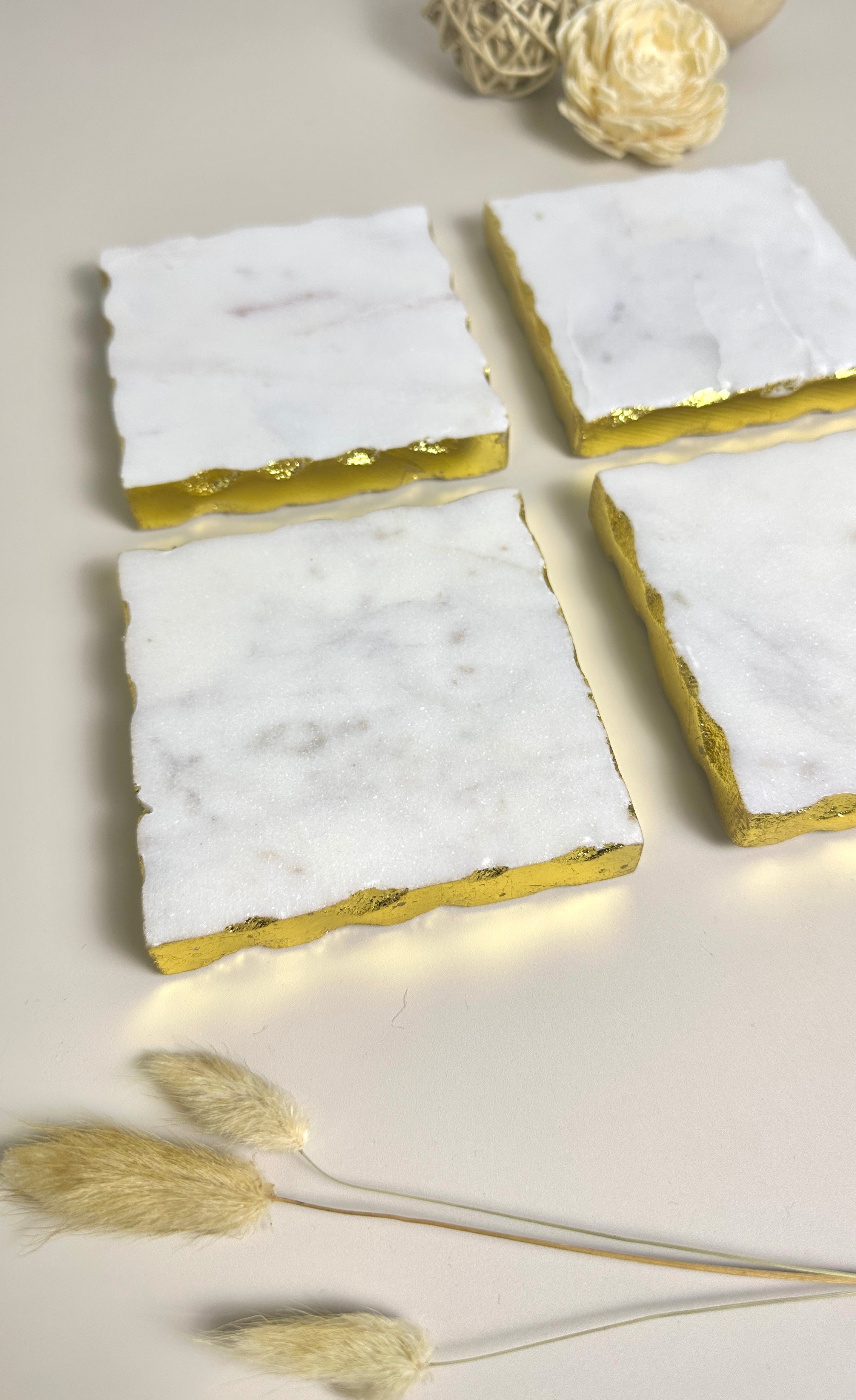 Elegant White Marble and Gold Coasters - Set of 4