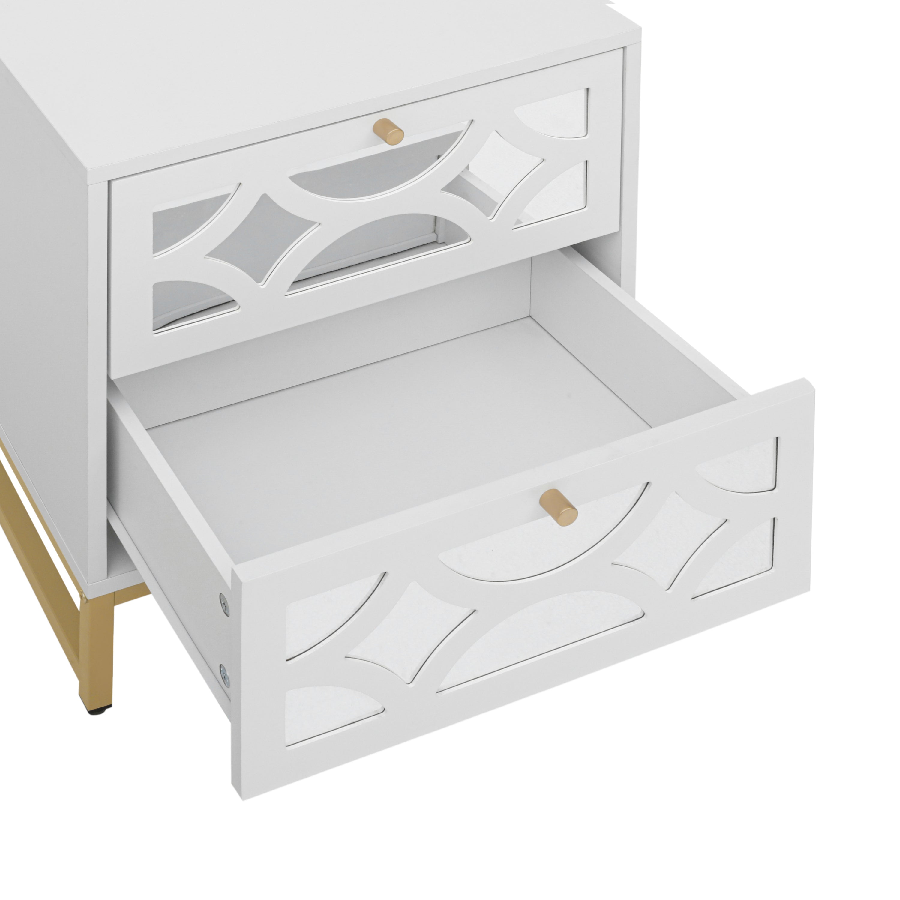 Set of 2 - Small Bedside Table with 2 Drawers, White Mirrored Nightstand with Gold Legs