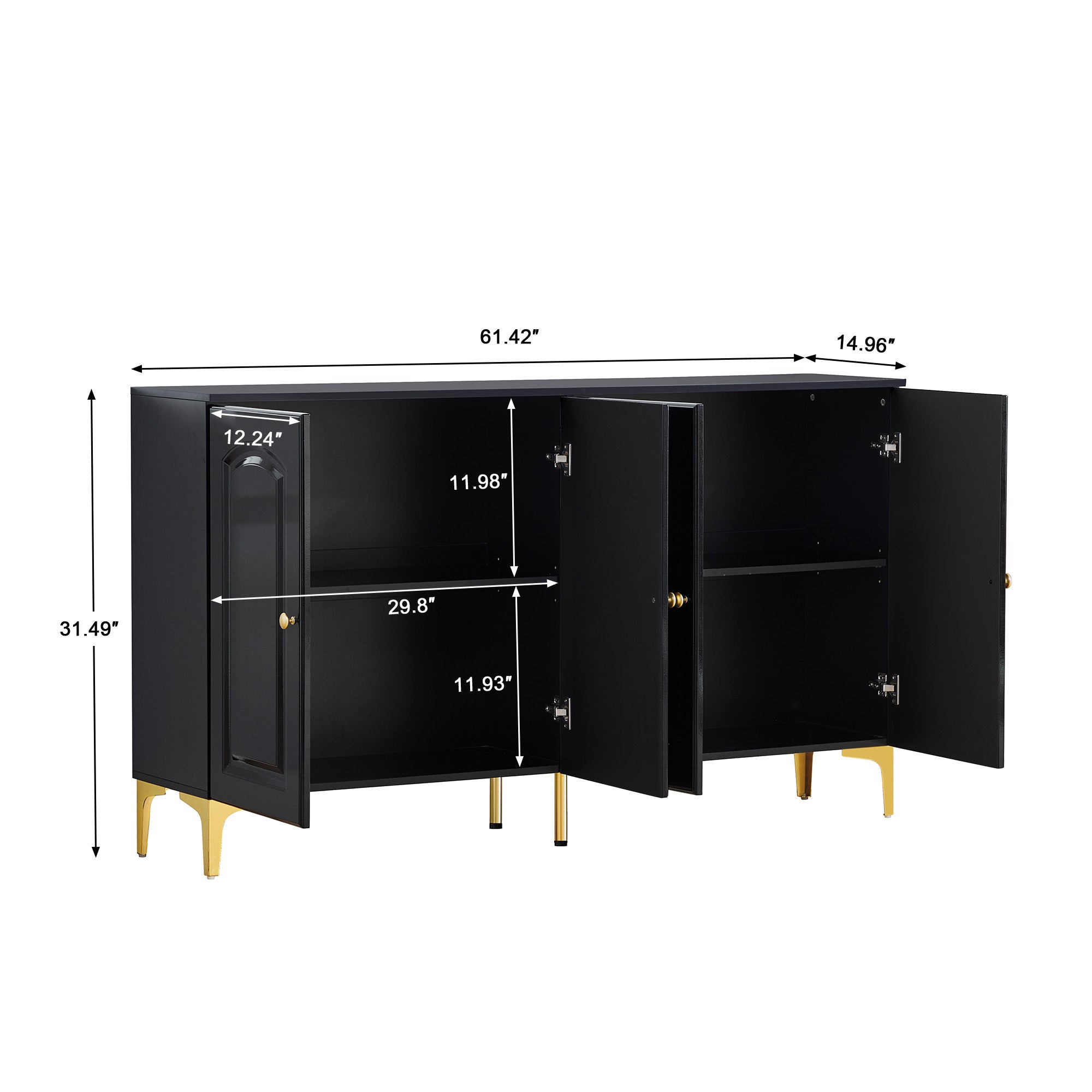 Buffet Sideboard 4 Doors Accent Storage Cabinet, Mid Century Modern Buffet Table with Adjustable Shelf - Black