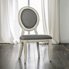 Set of 2 Padded Gray Fabric Dining Chairs in Antique White Finish