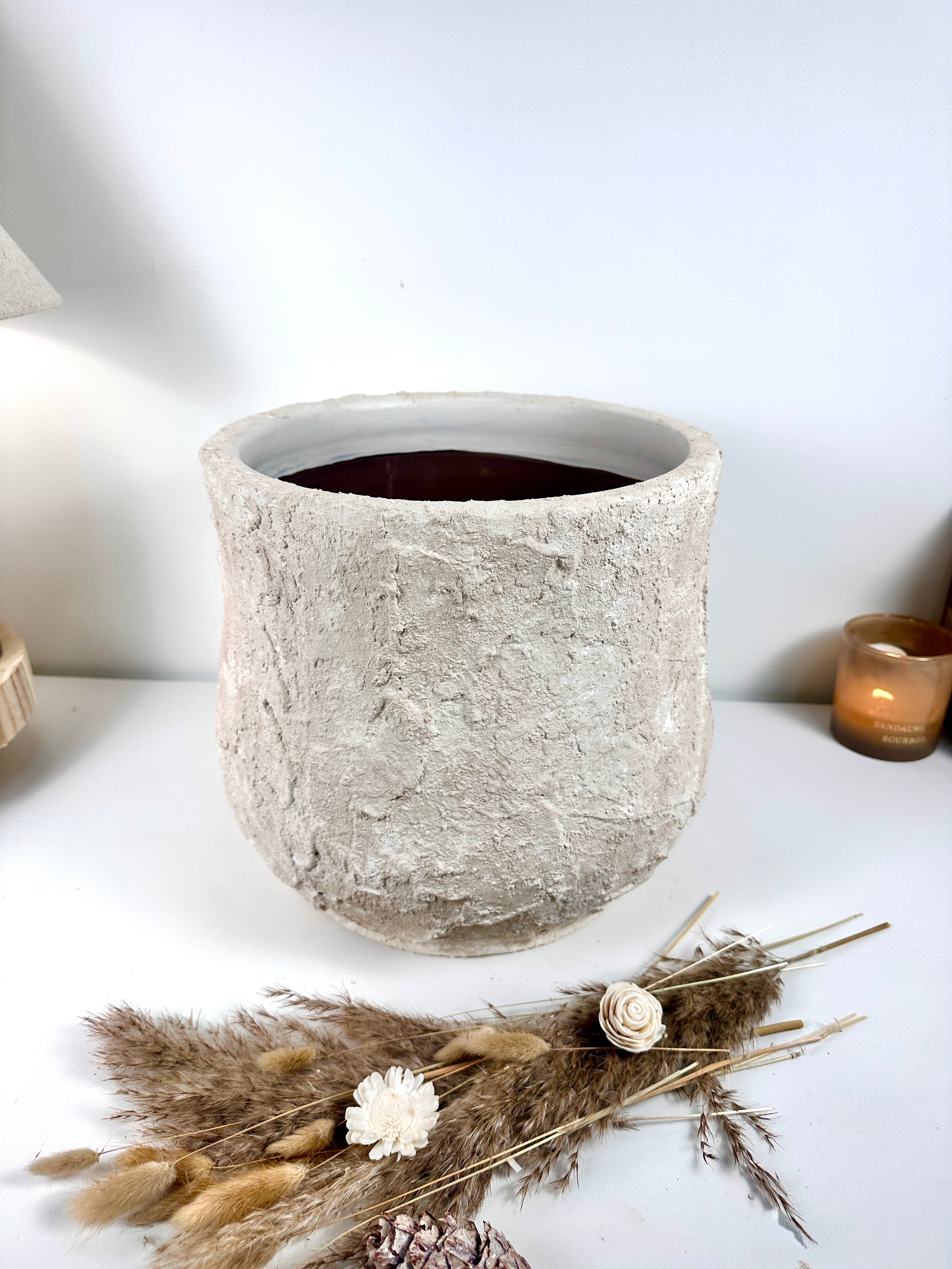 Minimalist Hand-Painted & Textured Planter Pot 12" tall with drainage hole one time creation - Cream Linen wash