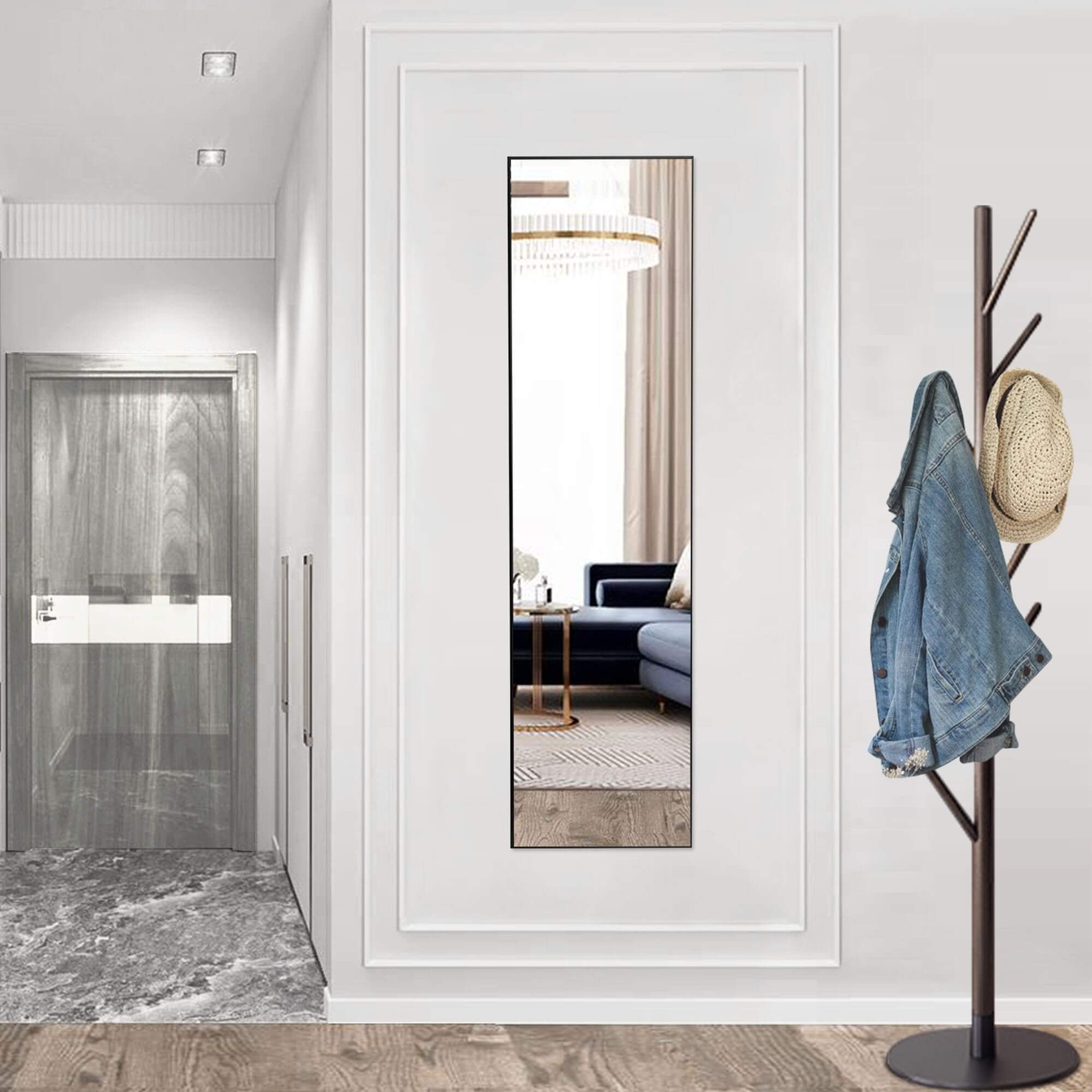 Wall Mirror with Stand Aluminum Alloy Thin Frame 21''x64'' - Black-rect