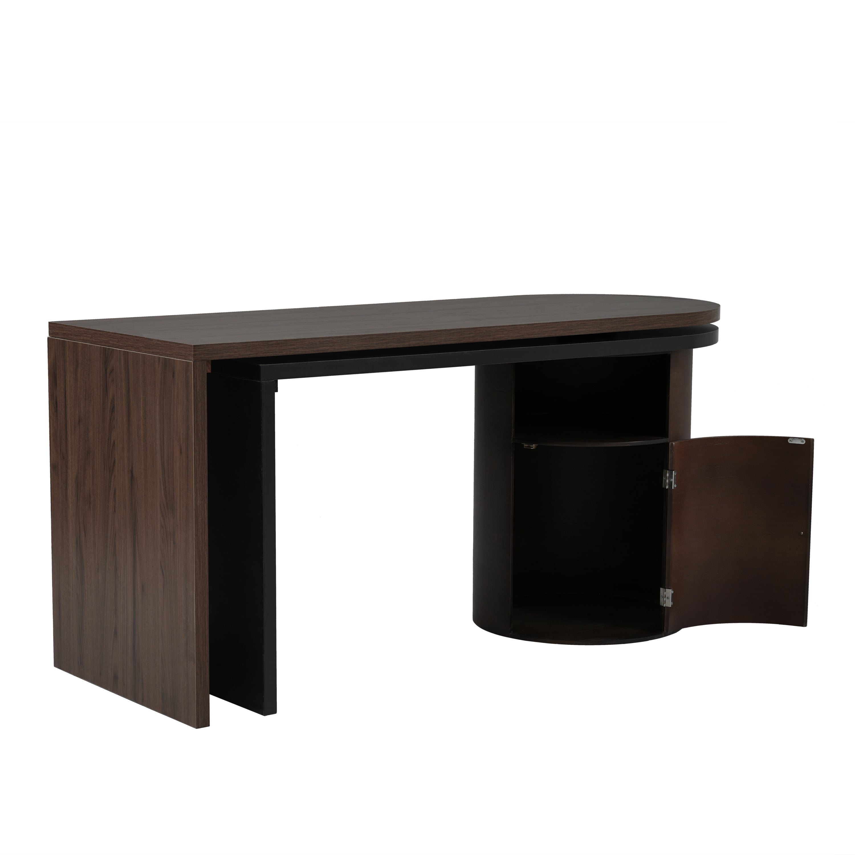 Modern L Shaped Desk in Walnut with 1 Cabinet and Open storage, 360° Wood Rotating Desk 56.92"  - Walnut