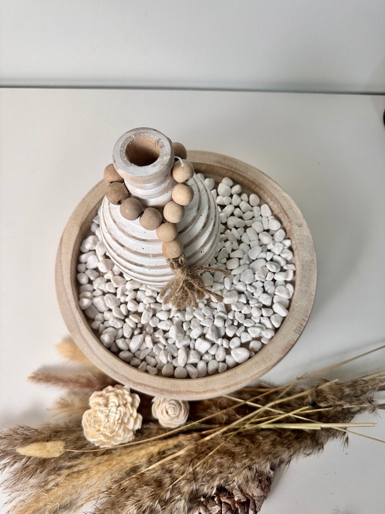 Set of 3 Home Decorative Round Wood Tray, Small Boho Style Vase, White Rocks