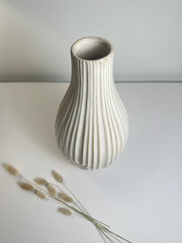 Contemporary Ceramic Ribbed Arc Vase 14"- White