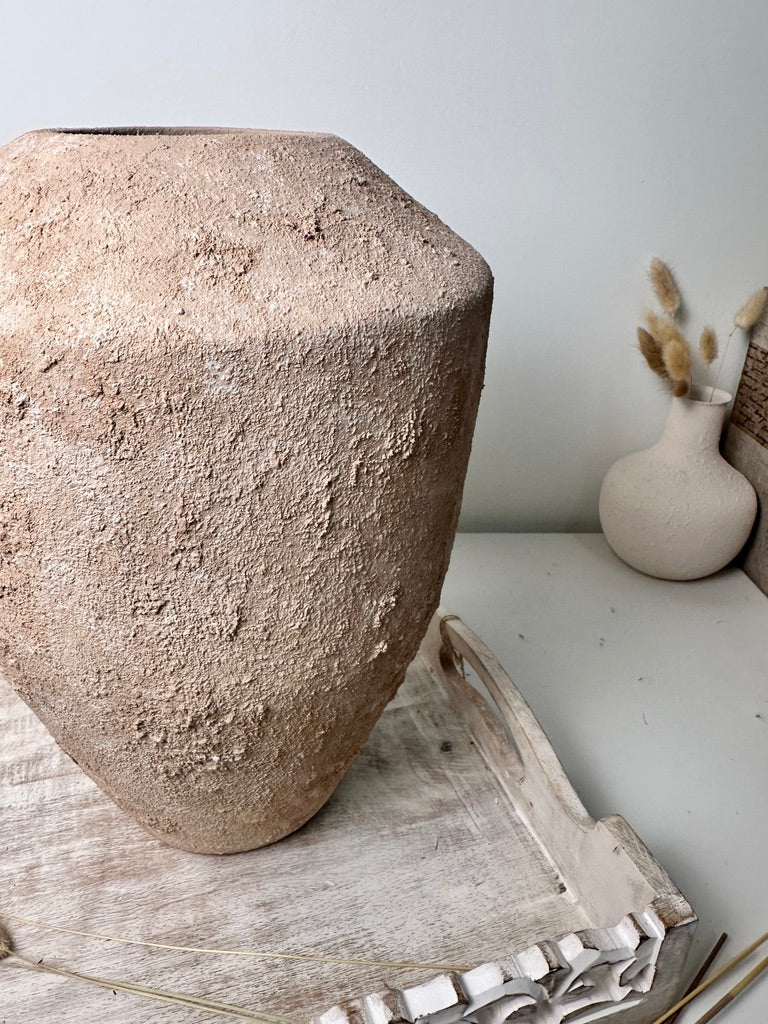 Rustic Minimalist Textured Hand-Painted Ceramic Vase 12" - Light Beige Wash