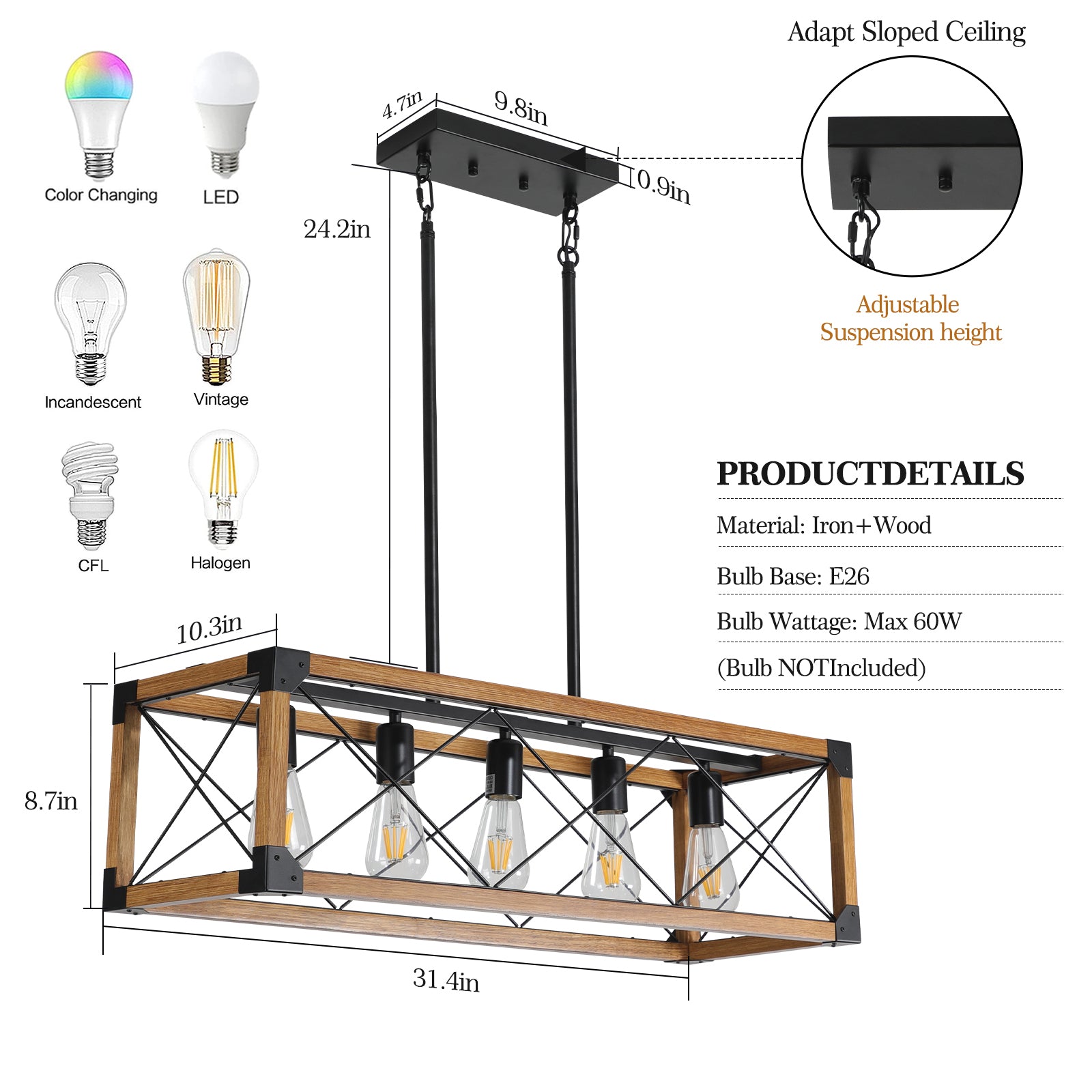 5-Light Retro Farmhouse Chandelier (No Bulbs)