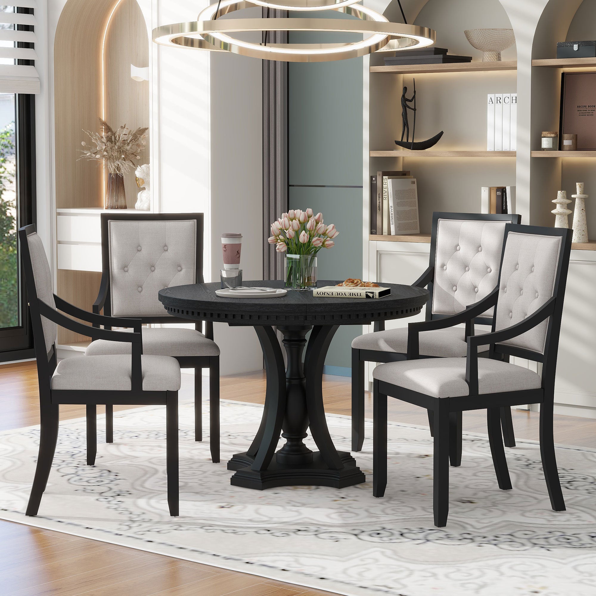 5-piece Dining Set Extendable Round Table and 4 Chairs for Kitchen Dining Room - Black Oak