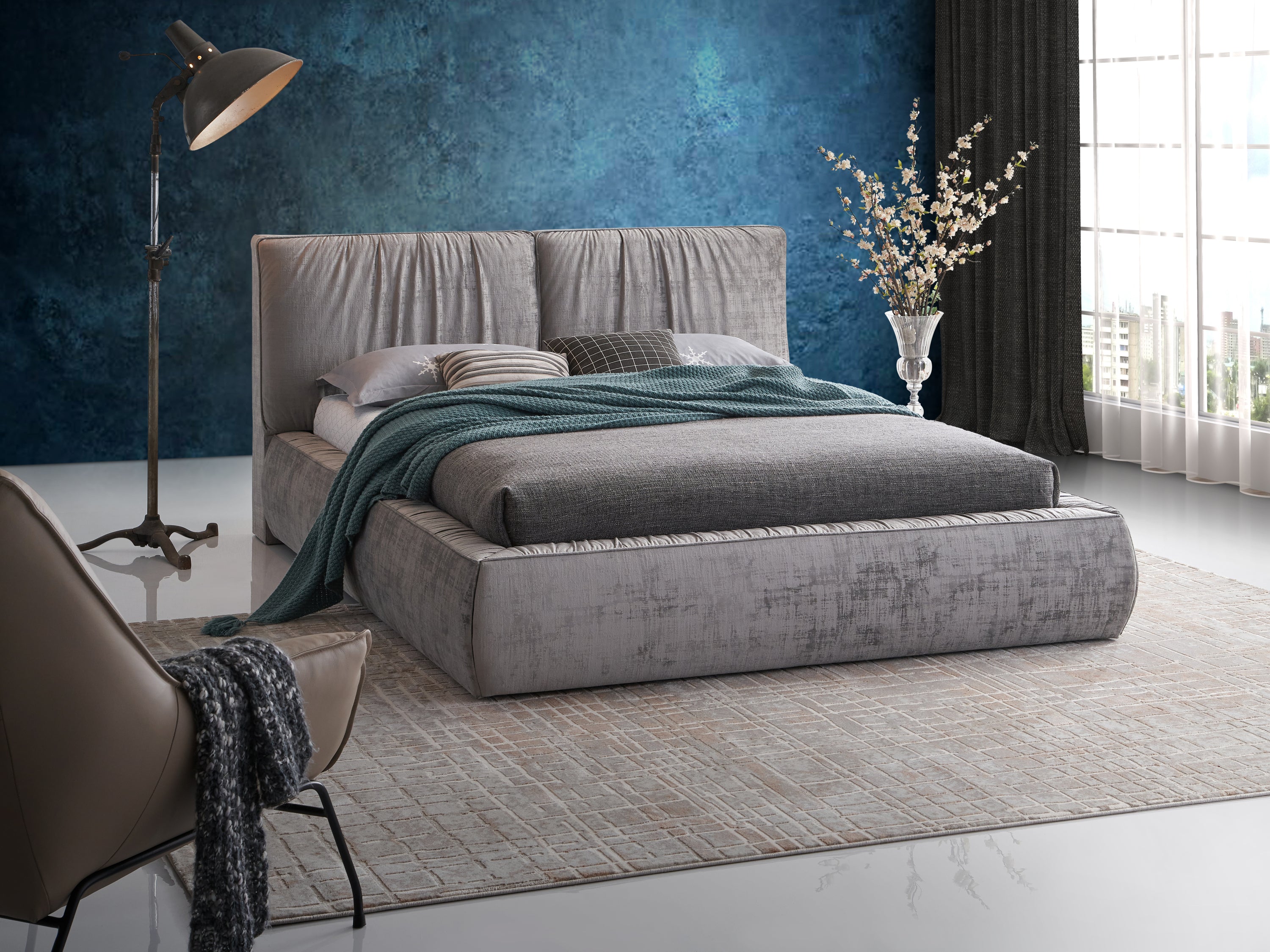 Velvet Eastern King Bed - Gray